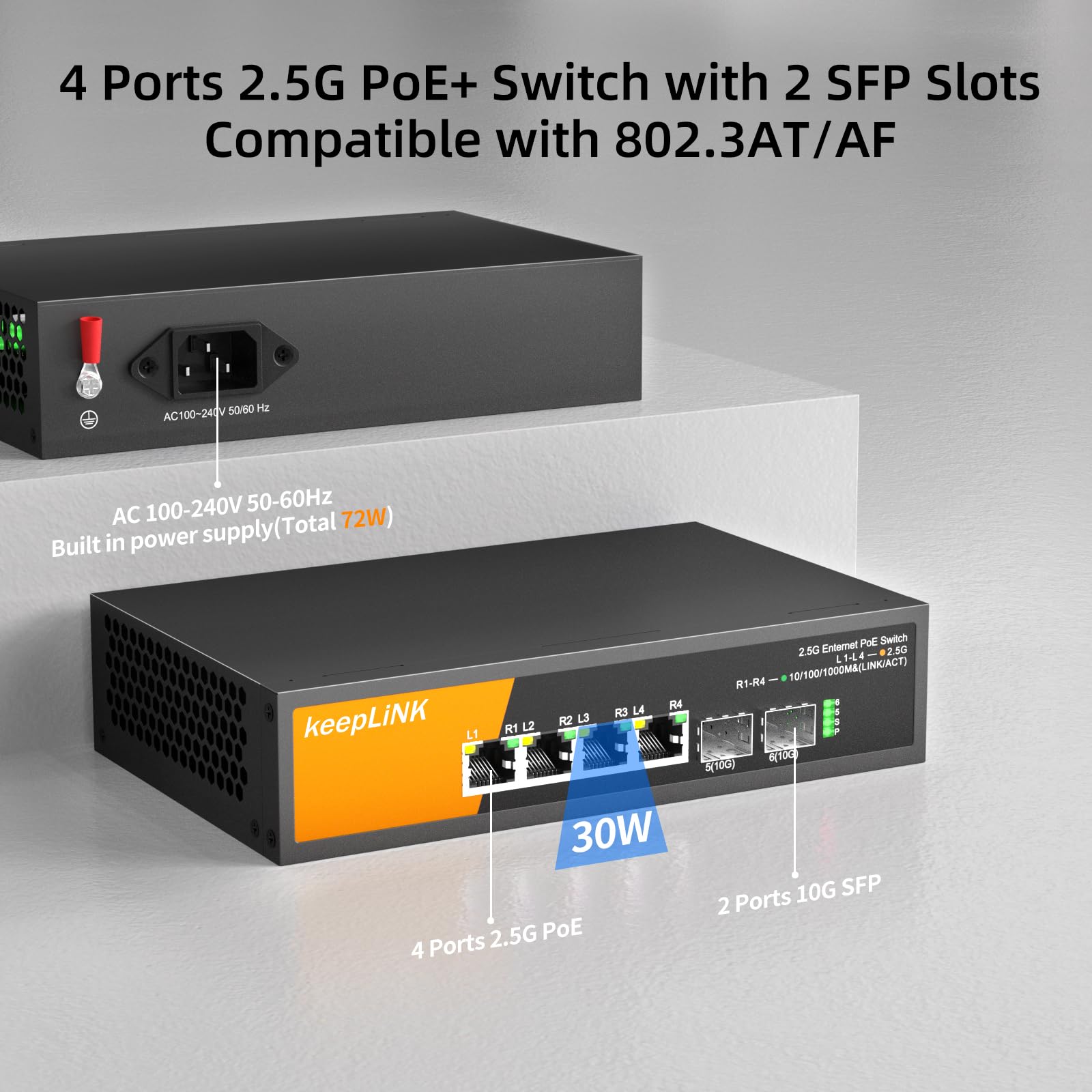 Keeplink 6 Port 2.5G Poe Switch Unmanaged, 4 X 2.5G Base T Poe Ports @72W, 2 X 10G Sfp, Ieee802.3Af/At, Metal Housing Fanless De