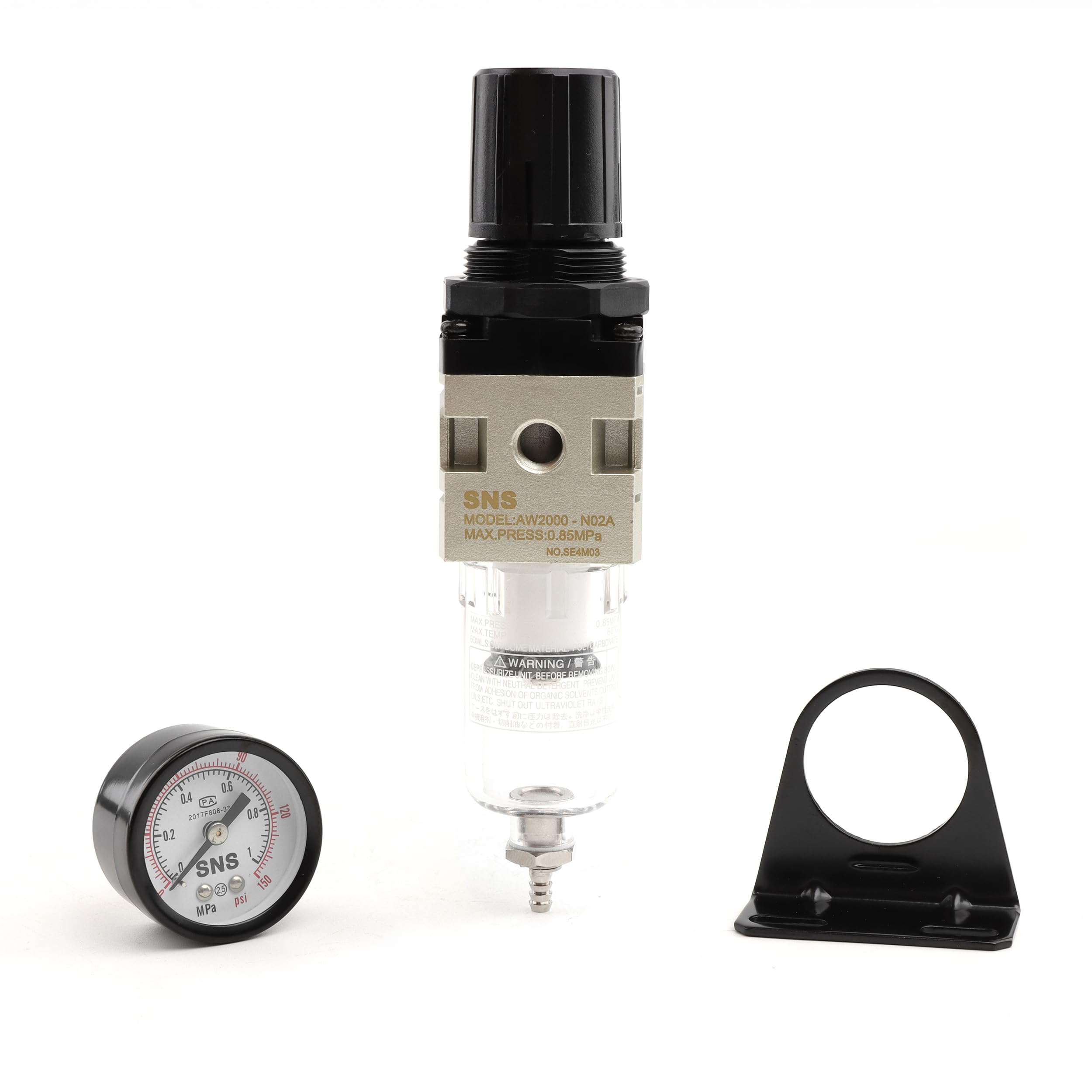 Sns Compressed Air Filter Regulator Piggyback Combo 1/4?Pt  Semi Auto Drain, Bracket, Gauge Poly Bowl Aw2000 N02A