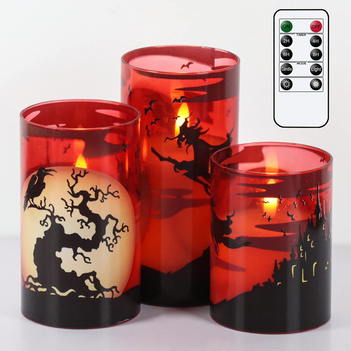 Genswin Halloween Flameless Candles With Witch, Crow Raven, Castle Decals, 3 Pack Battery Operated Candles With Remote Timer, Ha