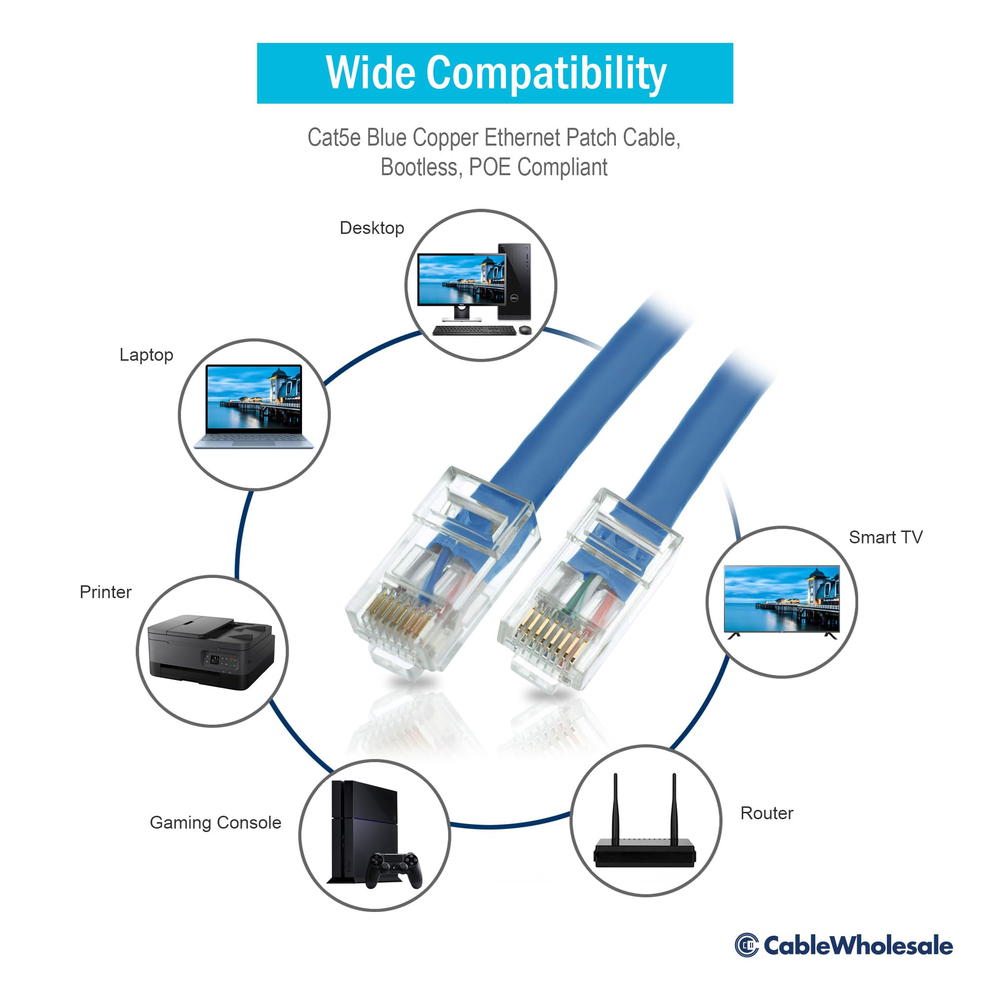 Cablewholesale Cat5E Ethernet Cable, 24Awg Network Cable With Rj45 Gold Plated Connector, 4 Pair Stranded Bare Copper, Bootless