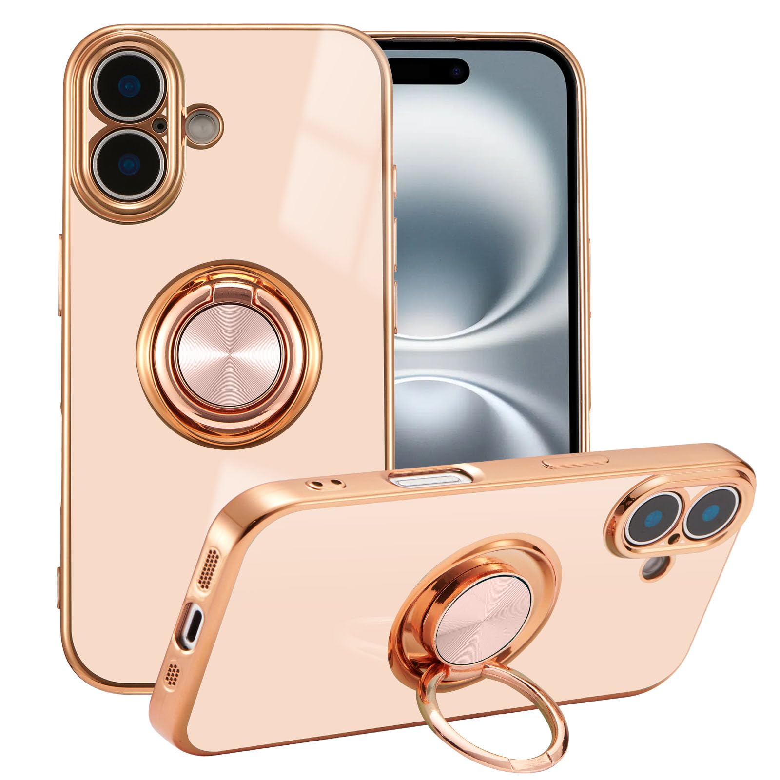 Eyzutak Case For Iphone 16, Phone Case With 360 Rotatable Finger Ring Holder Kickstand Magnetic Car Mount Supported Shiny Platin