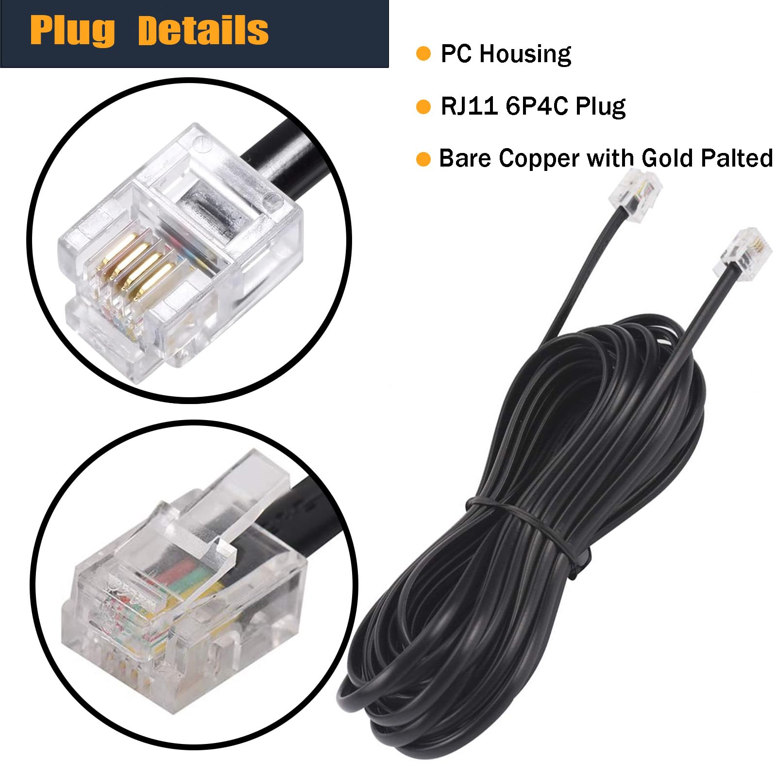 Yienfbev 25Ft Telephone Extension Cord Cable, Landline Phone Line Wire With Rj11 6P4C Plugs, Includes Cable Clips   Black   2 Pa