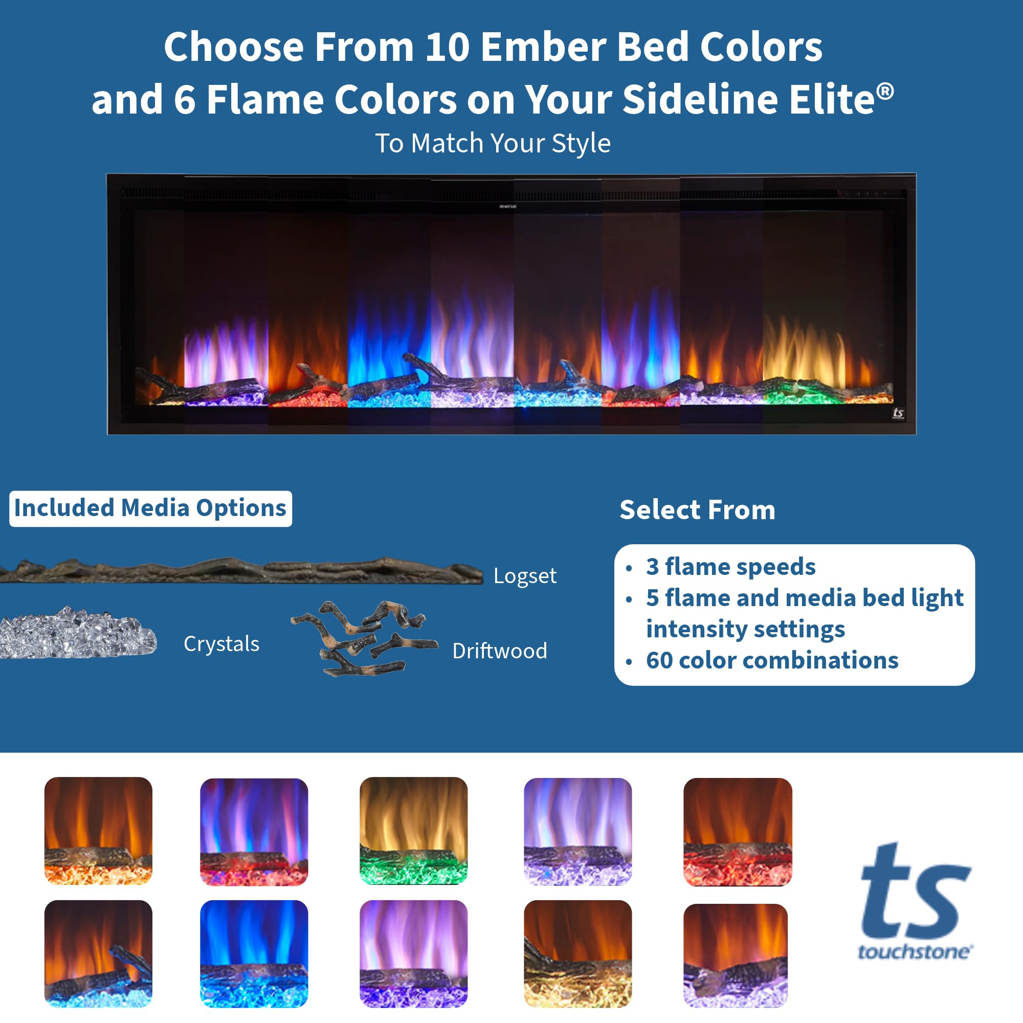 Touchstone Sideline Elite Smart 72    Wifi Enabled Electric Fireplace   80038   In Wall Recessed   60 Color Combinations   1500/