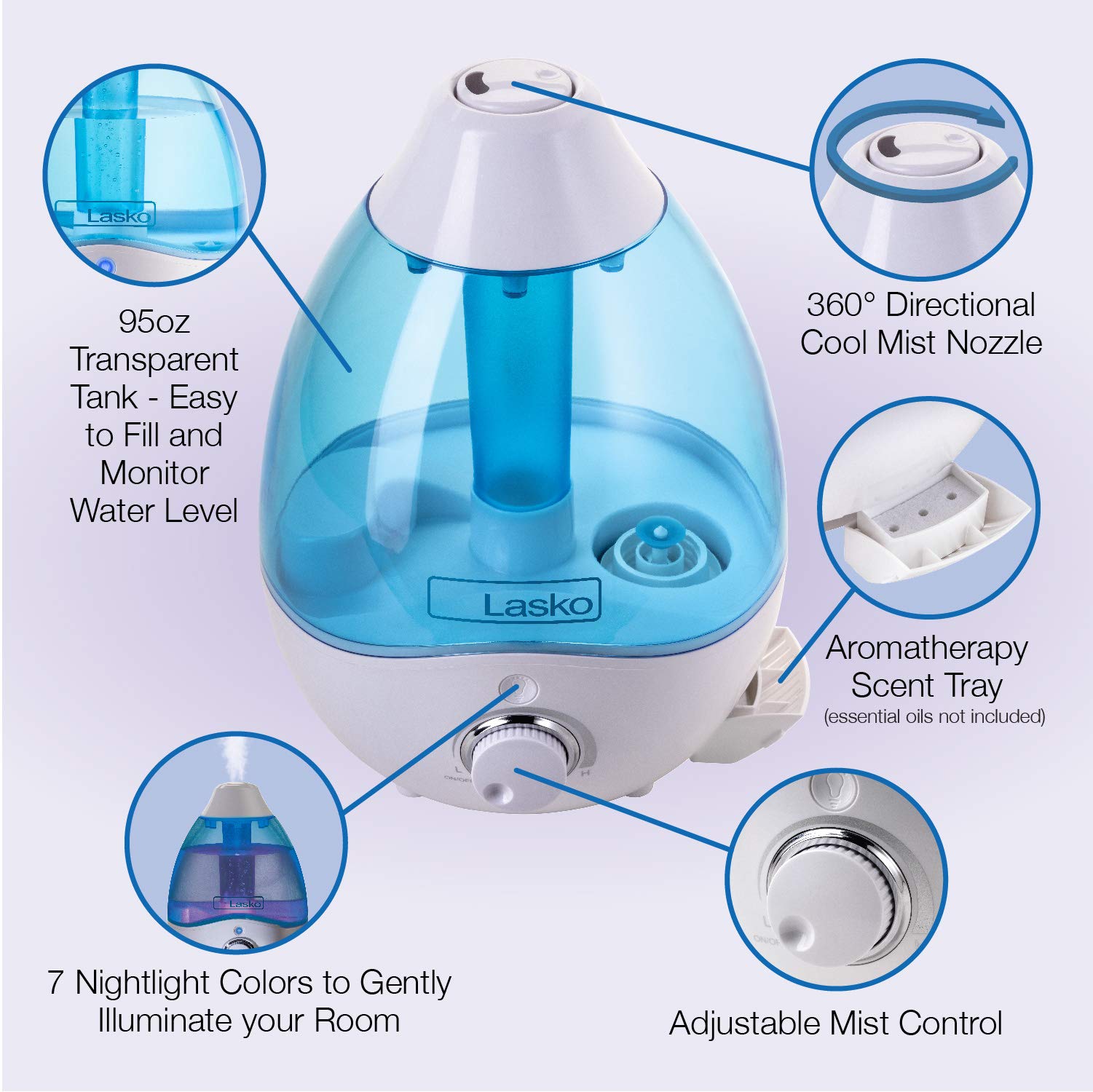 Lasko Uh200 Cool Mist Humidifier With Essential Oils, Quiet And Soothing Ultrasonic Baby Humidifiers For Nursery, Bedroom, Kids,