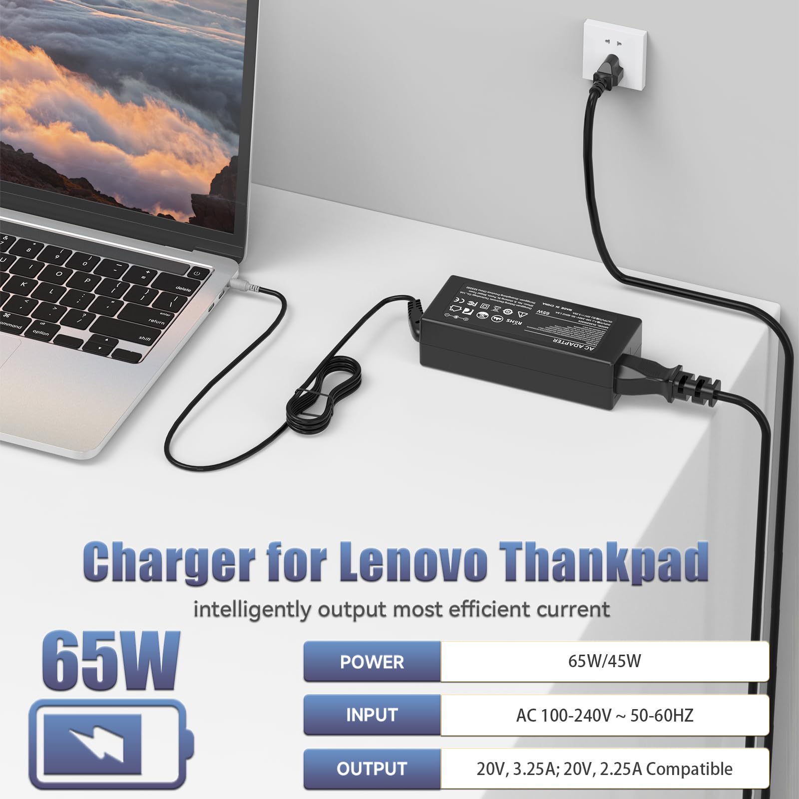 65W Laptop Charger For Lenovo Thinkpad T400 T410 T420 T420S T430 T430S T430U T500 T510 T520 T530; X120E X130E X131E X140E X200 X201 X220 X220T X230; E520 E530 E535 Sl500 Sl510 Power Supply Cord