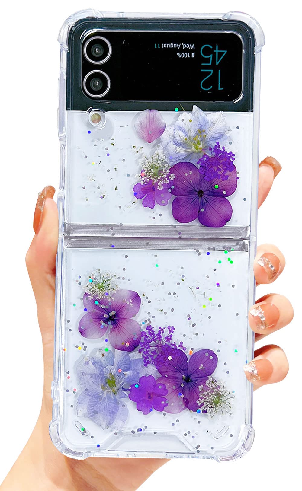 Abbery for Samsung Galaxy Z Flip 3 5G Case Clear with Design Glitter Cute Glitter Pressed Flower Floral Sparkle TPU&PC Transpare