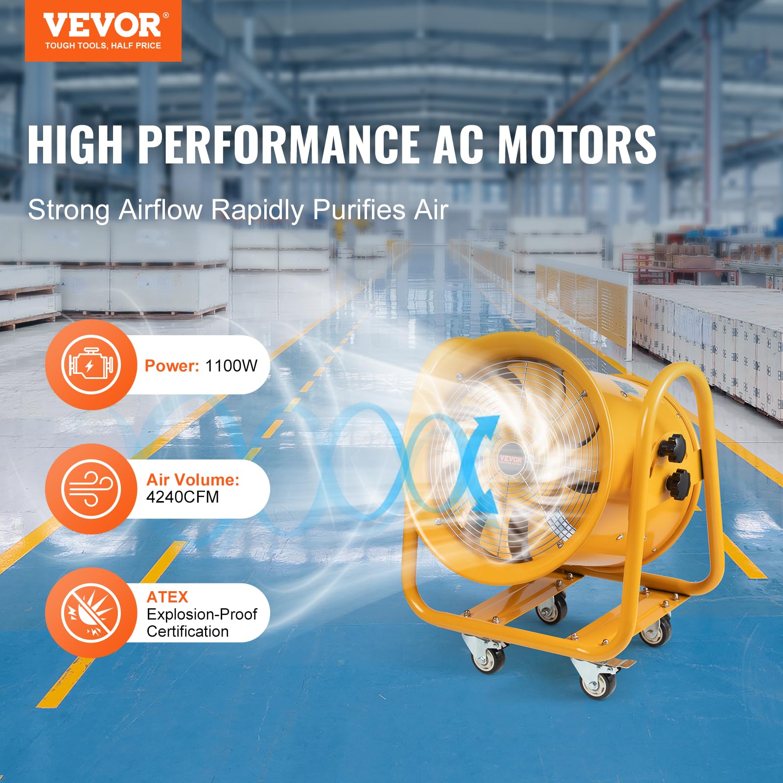 Vevor Industrial Portable Ventilator Explosion Proof, 1100W 4240Cfm High Velocity Air Mover, 16 Inch Utility Blower Exhaust Fan