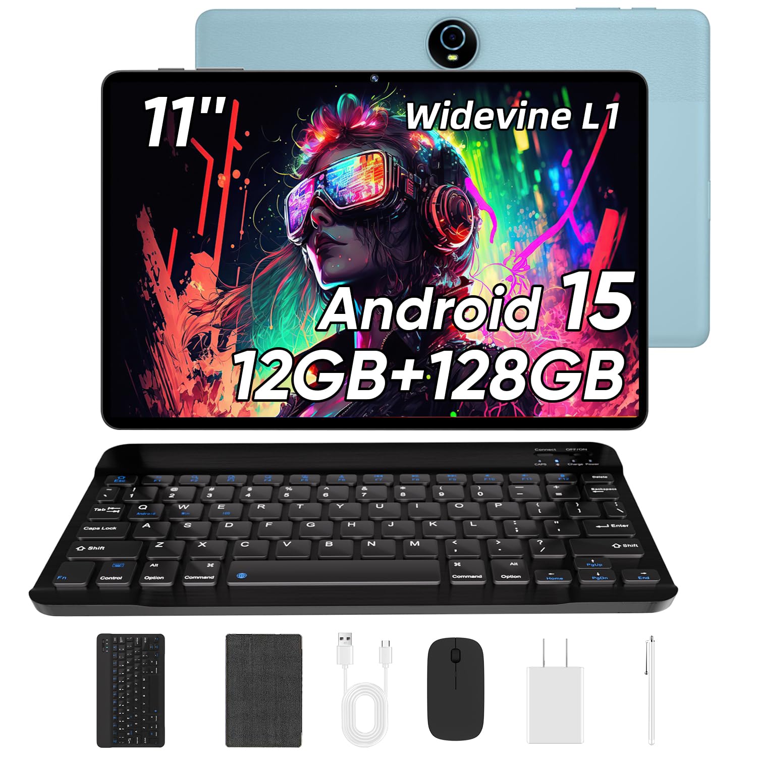 11 Inch Tablet with Keyboard, Android 15 Tablets, 12GB+128GB, 1TB Expand, 8000mAh Battery, 5MP+8MP Camera, Dual Band WiFi 6, IPS
