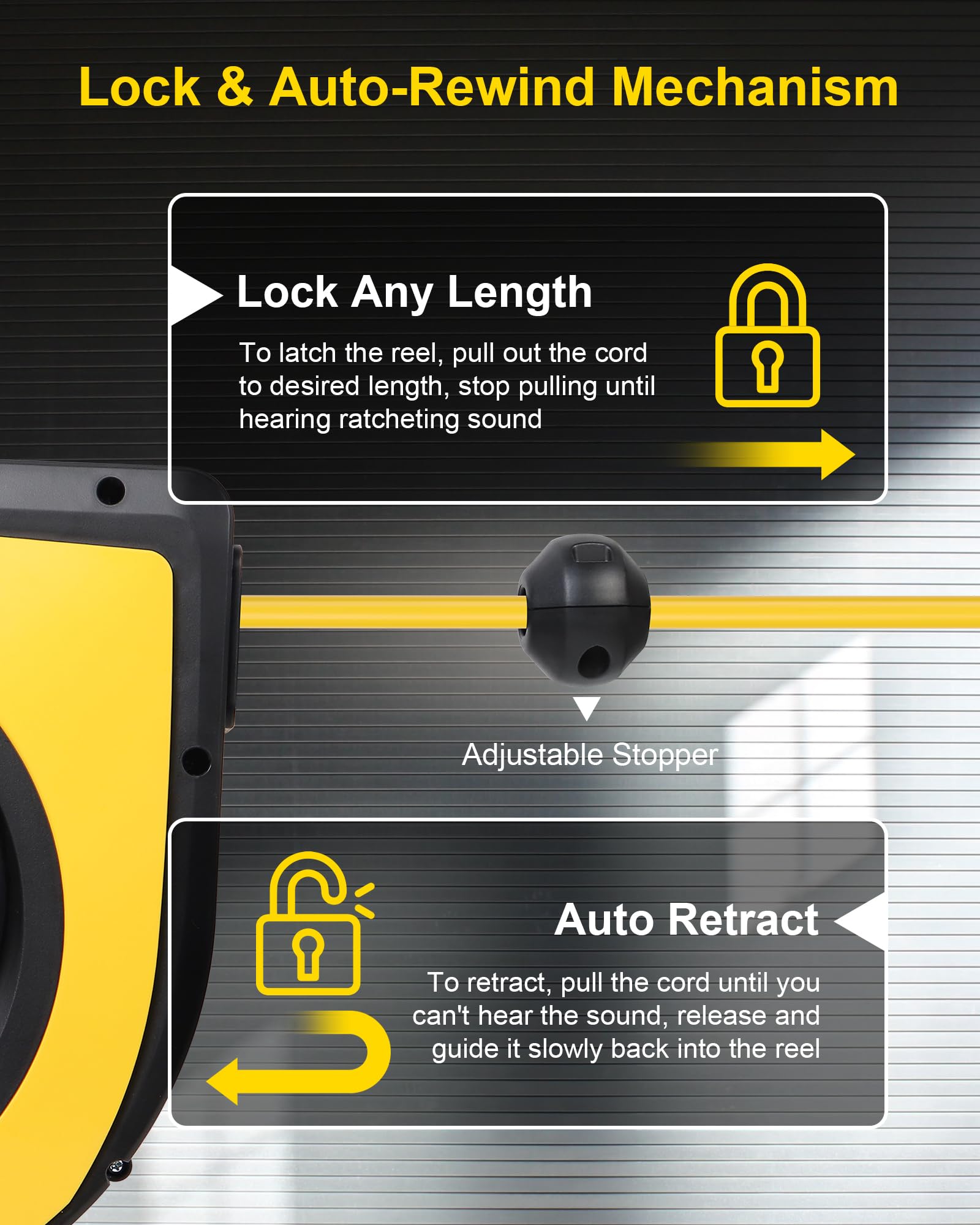 Treewell 65Ft Retractable Extension Cord Reel, 12Awg/3C Sjtow Heavy Duty Power Cord With Lighted Triple Outlets, 15A Circuit Bre