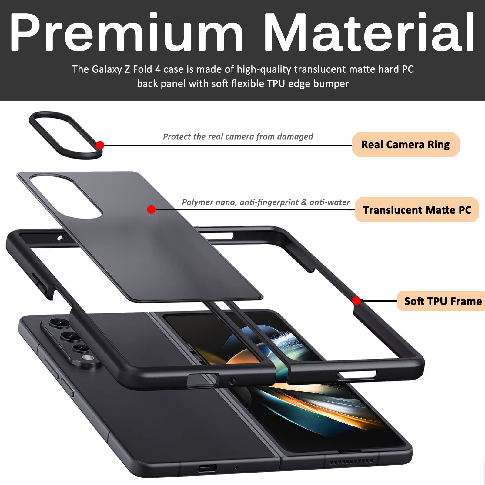 Miimall Compatible For Samsung Galaxy Z Fold 4 Case, Translucent Matte Hard Pc Back Cover With Hybrid Soft Tpu Edge Bumper Shock
