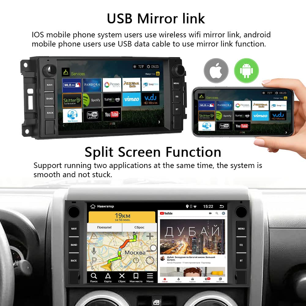 Car Stereo For Jeep Wrangler Dodge Chevrolet Ram 1500, Double Din Android Radio With Wireless Apple Carplay, 7' Touchscreen Stereo With Wifi, Gps, Rds/Fm Radio, Bluetooth + Backup Camera & Mic