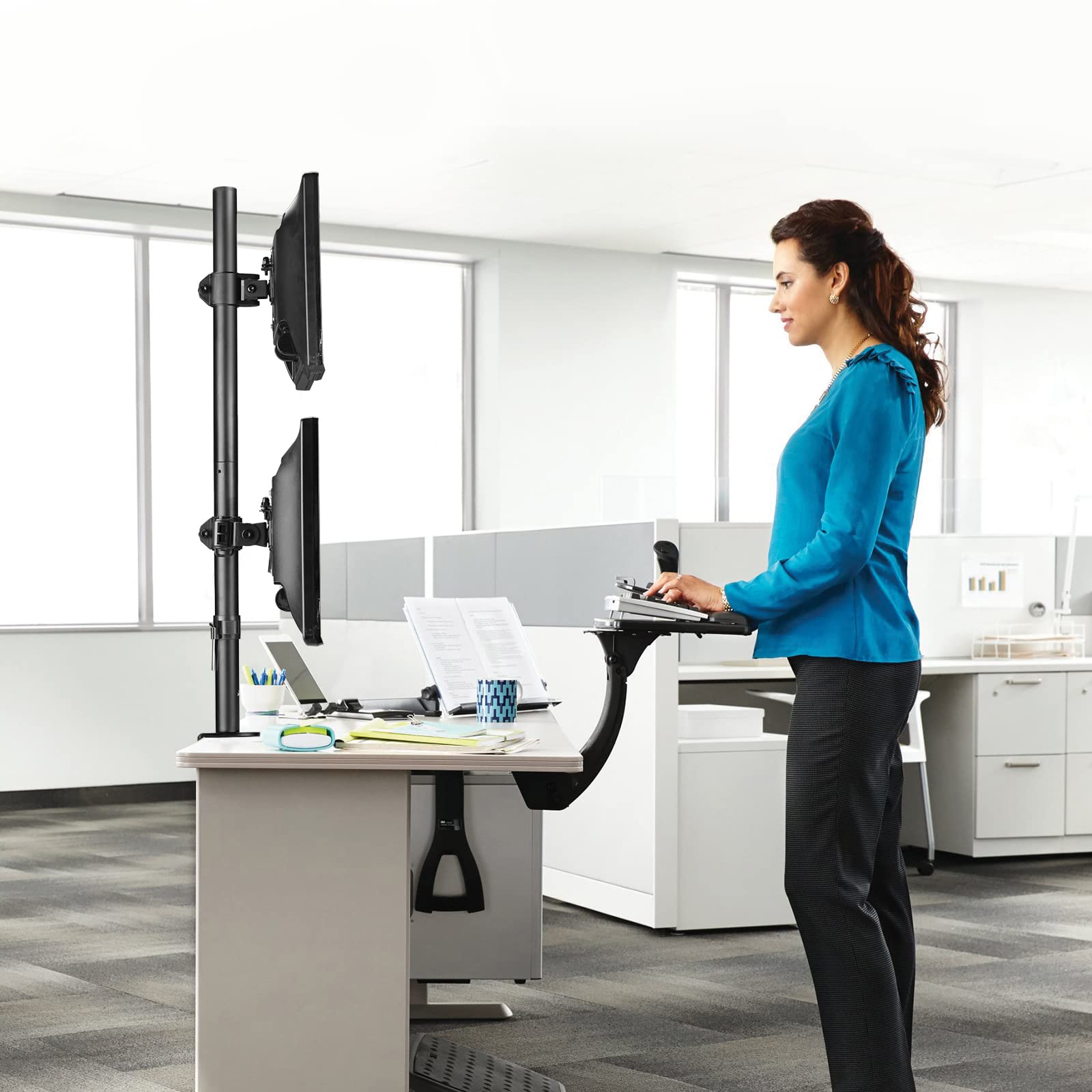 Suptek Dual Led Lcd Monitor Stand Up Desk Mount For 2 / Two Screens Up To 27 Inch Extra Tall 31.5'' Pole Heavy Duty Fully Adjust