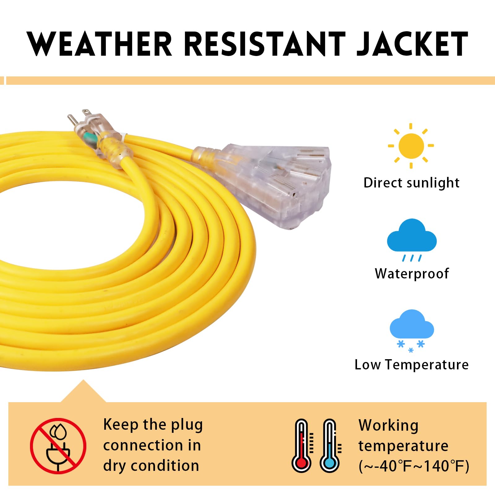 Ep 50 Ft Lighted Outdoor Extension Cord With 3 Electrical Power Outlets   14/3 Sjtw Heavy Duty Yellow Extension Cable With 3 Pro
