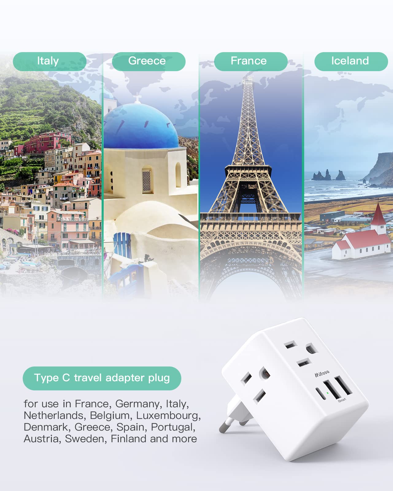 European Travel Plug Adapter With Usb Charging Ports(1 Usb C), International Type C Power Adapter For Us To Most Of Europe Eu It