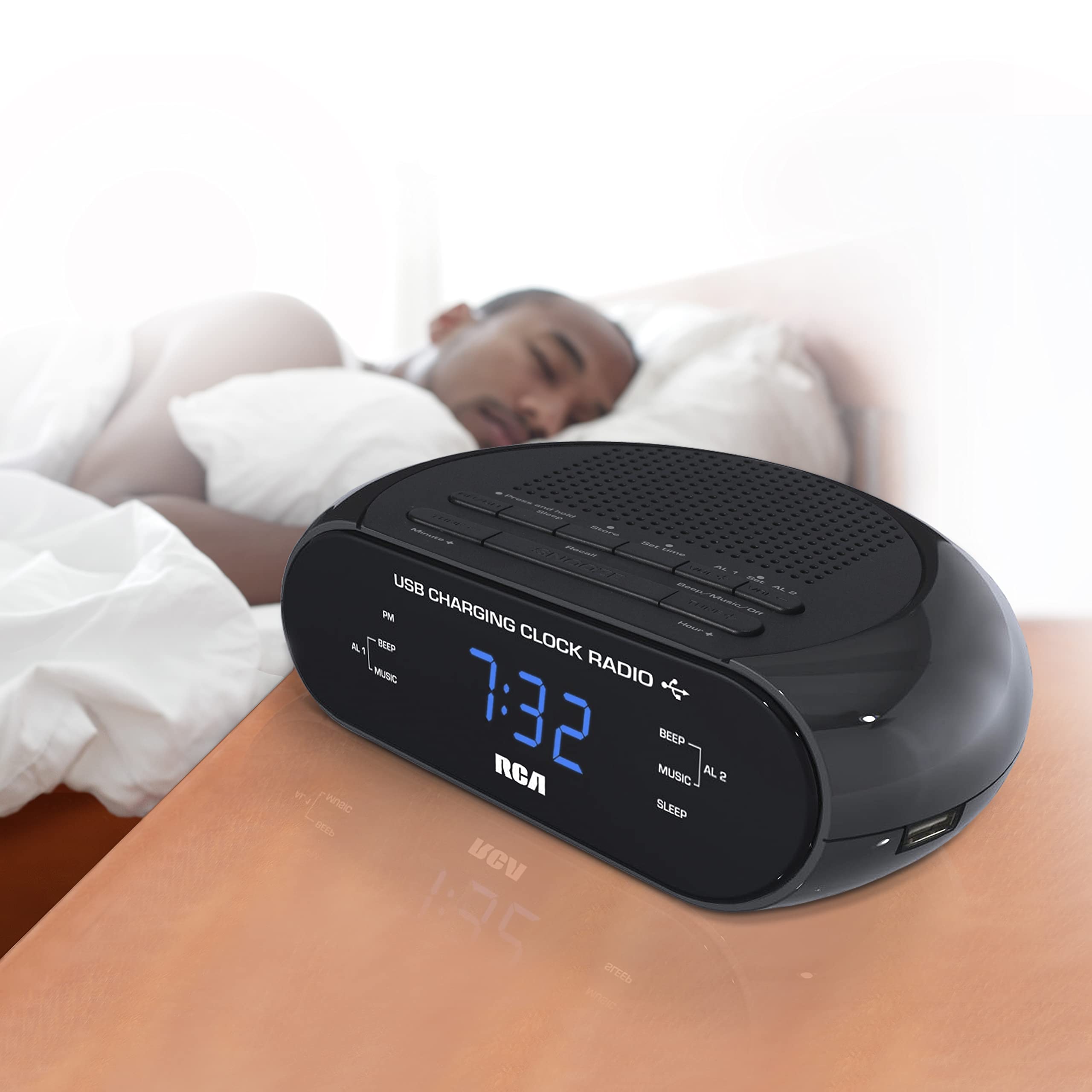 Rca Usb Charging Clock Radio, .6    Blue Led Display, Brightness Display, Fm Radio With Presets, Dual Wake, Sleep Timer, And Sno