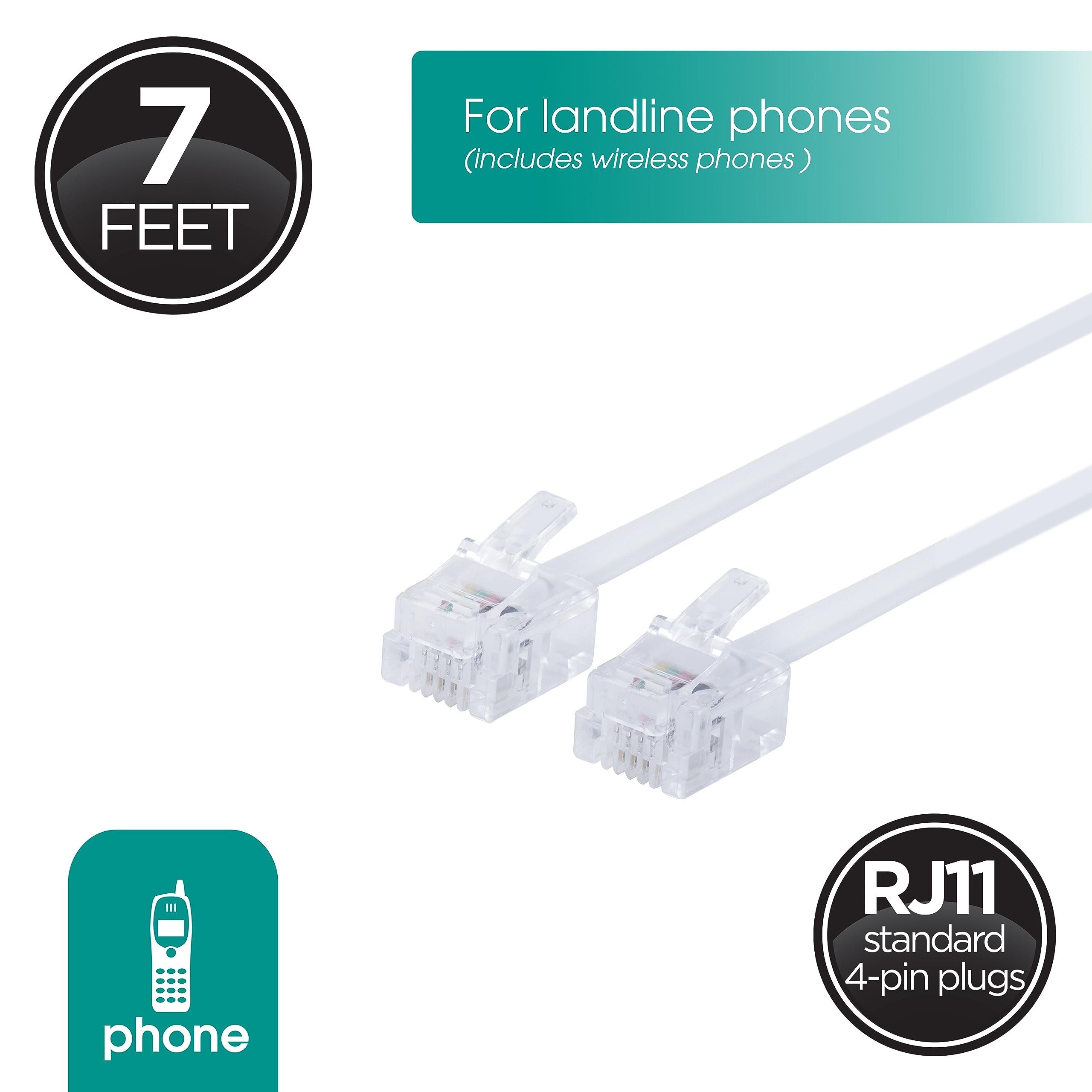 Power Gear Telephone Line Cord, 7 Ft (Pack Of 10), Phone Cord, Modular Jack Ends, Works For Phone, Modem Or Fax Machine, For Use