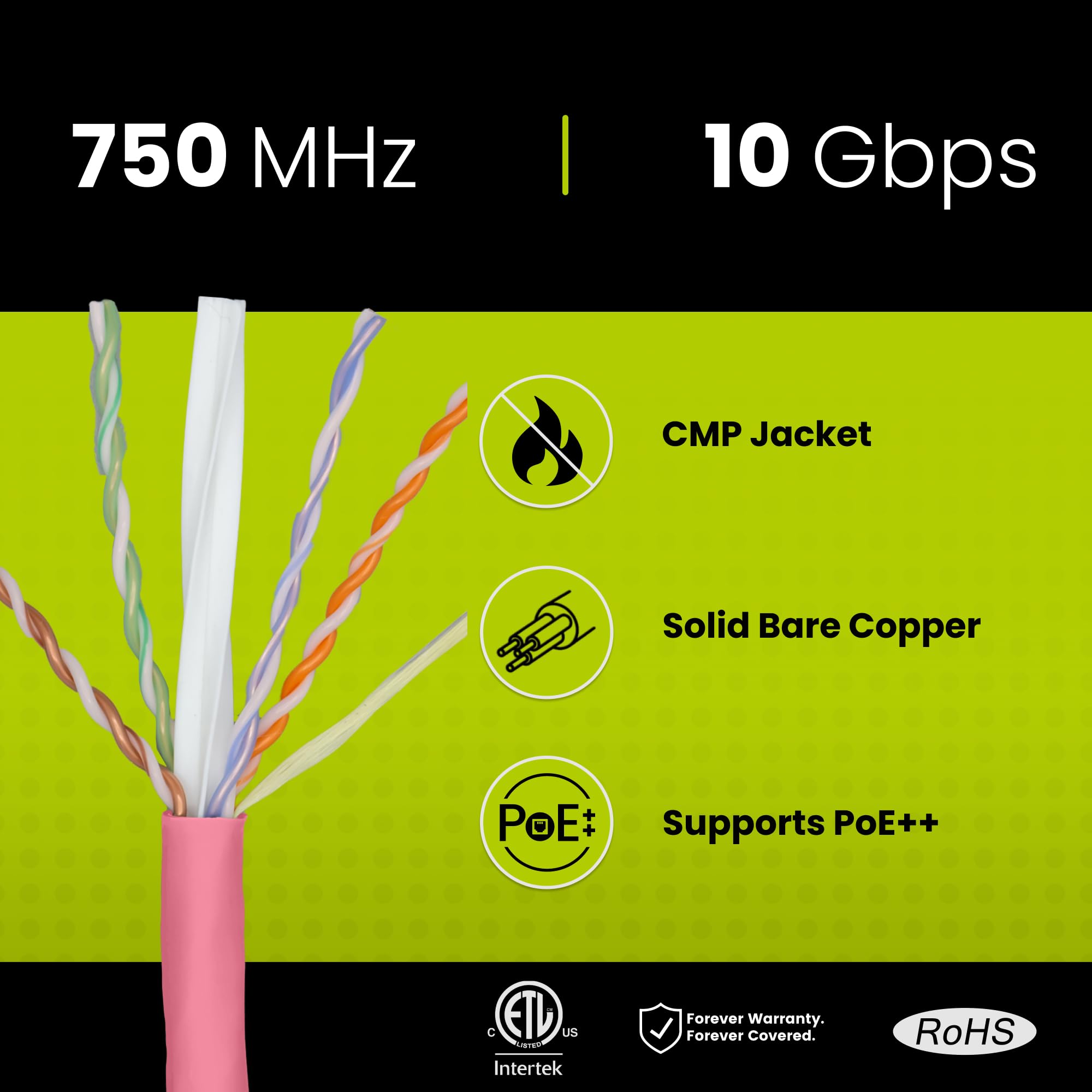 Truecable Cat6A Plenum (Cmp), 1000Ft, Pink, 23Awg 4 Pair Solid Bare Copper, 750Mhz, Poe++ (4Ppoe), Etl Listed, Unshielded Twisted Pair (Utp), Bulk Ethernet Cable