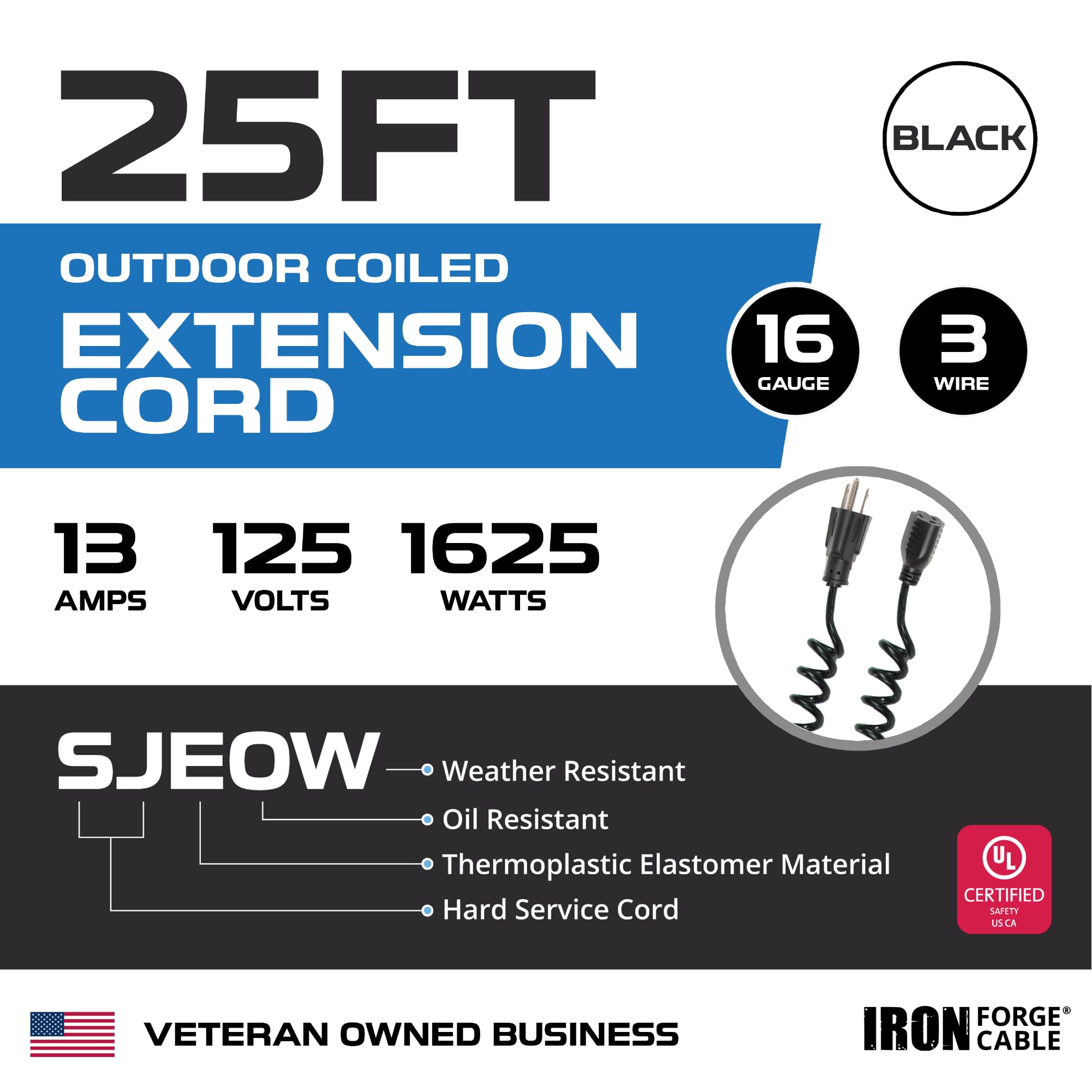 Iron Forge Cable Sjeow Black Outdoor Coiled Extension Cord 25 Ft, 16/3 Oil Resistant & Flame Retardant 3 Prong Coiled Electrical