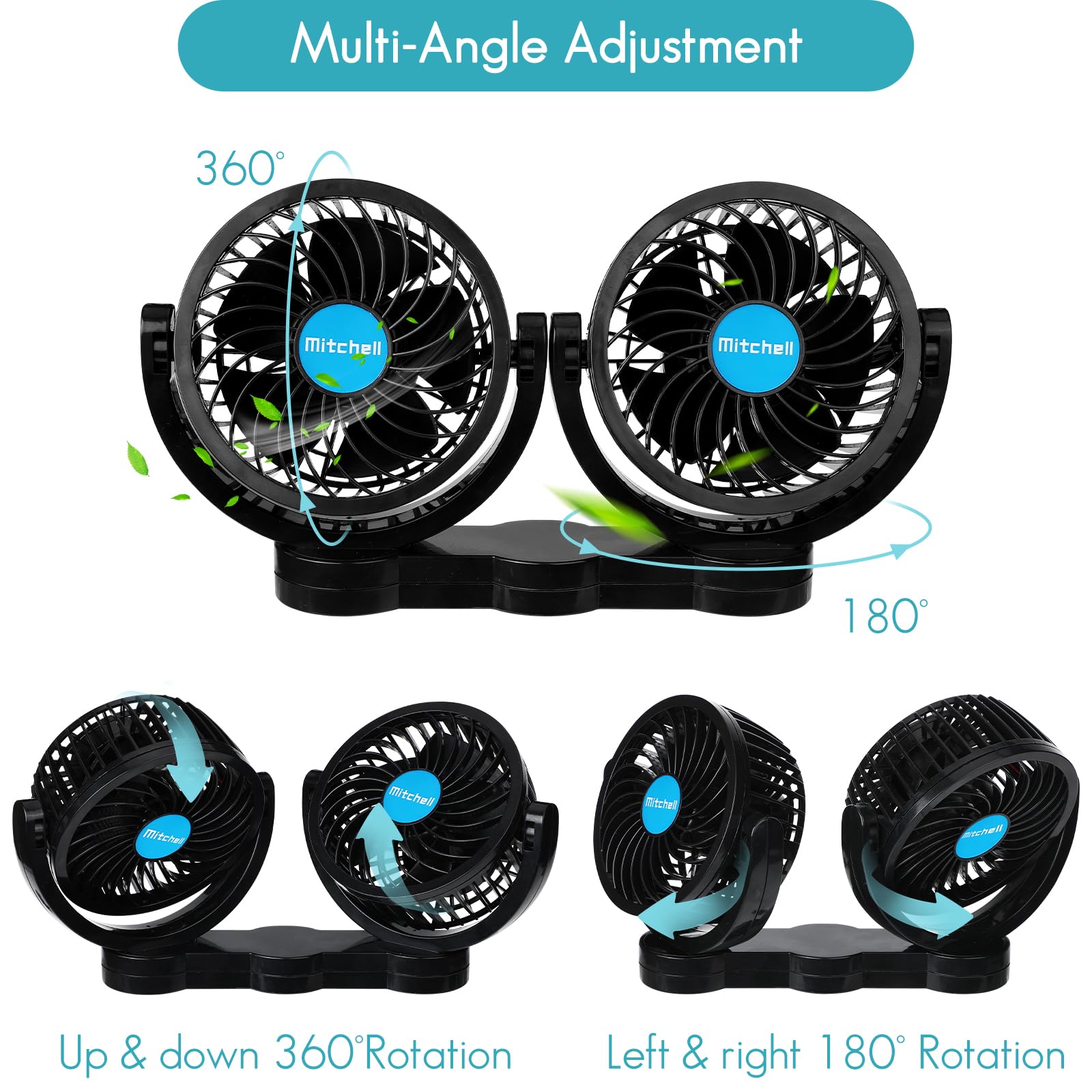 Car Fan 12V, Dual Head 4 Inches Clip Fan For Car 360 Rotatable Car Cooling Fan For Front/Back Seat Passenger, Adjustable Car Coo