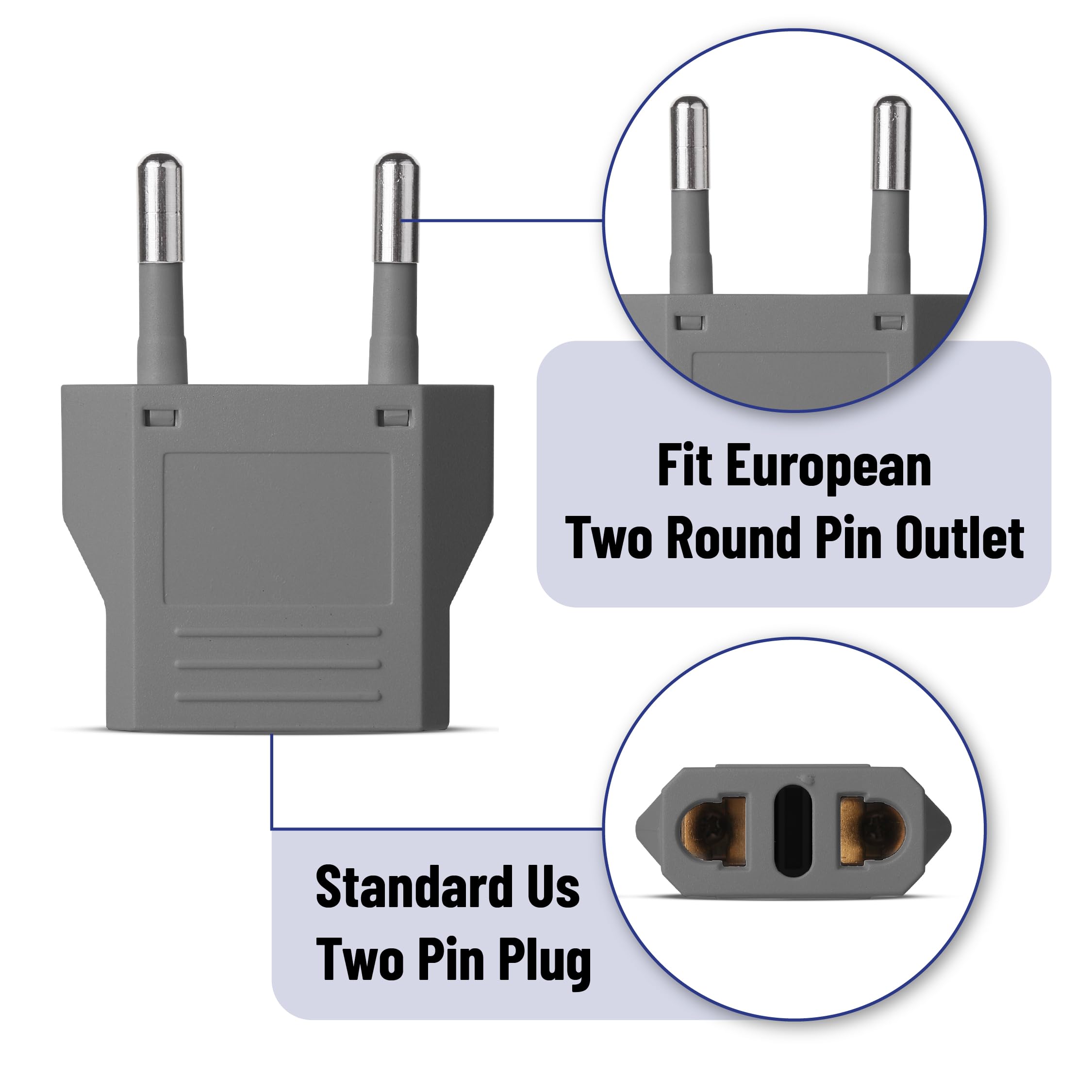 Bates  European Travel Plug Adapter, 3 Pack, Grey, European Plug Adapter, Us To Europe Plug Adapter, Adapter For Europe Plug, Us