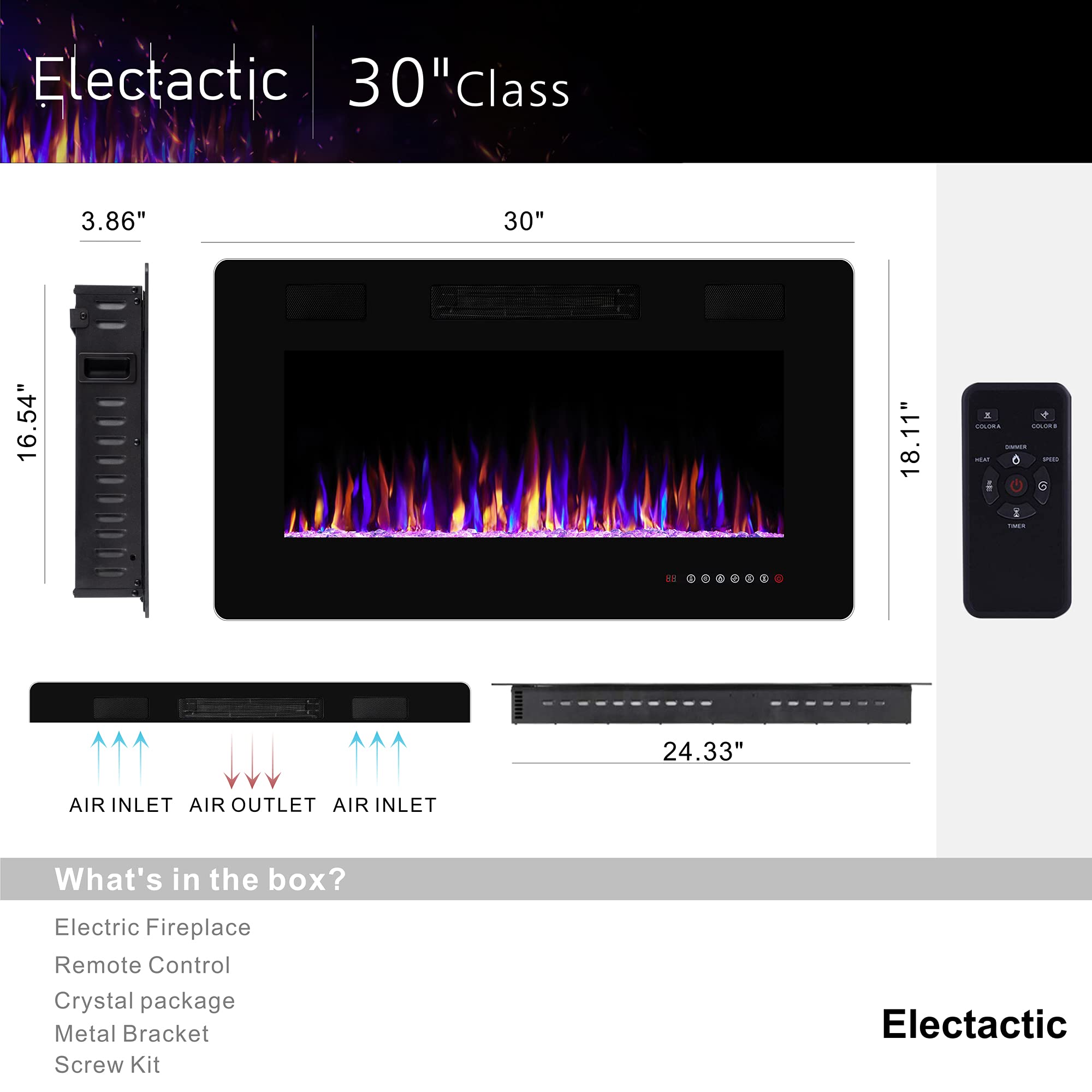 Electactic 30 Inch Electric Fireplace Insert Ultra-Thin - Recessed & Wall-Mounted Fireplace Heater With Thermostat, Adjustable F