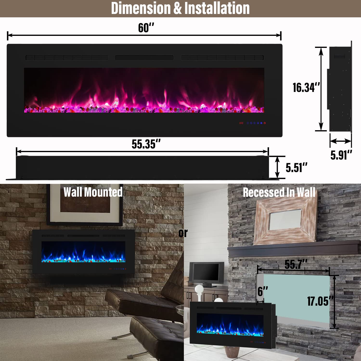 Masarflame 60 Inch Electric Fireplace, Recessed And Wall Mount Fireplace Heater, Quiet & Linear Fireplace Insert With 13  13 Adj