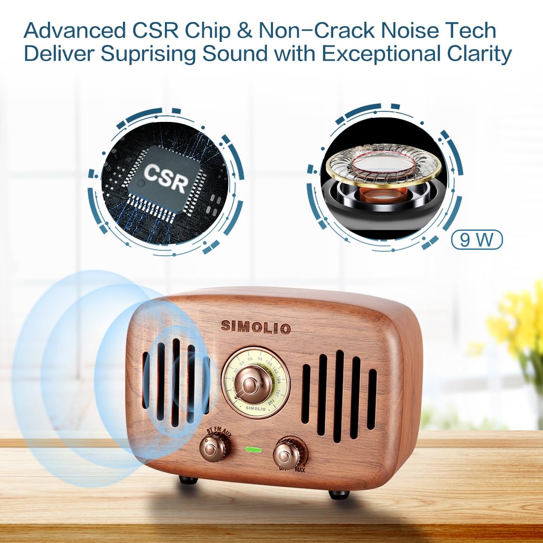 Simolio Vintage Radio Retro Bluetooth Speakers, Loud And Powerful 2X8W Ultimate Stereo Sound, Nature Black Walnut Wooden Speaker