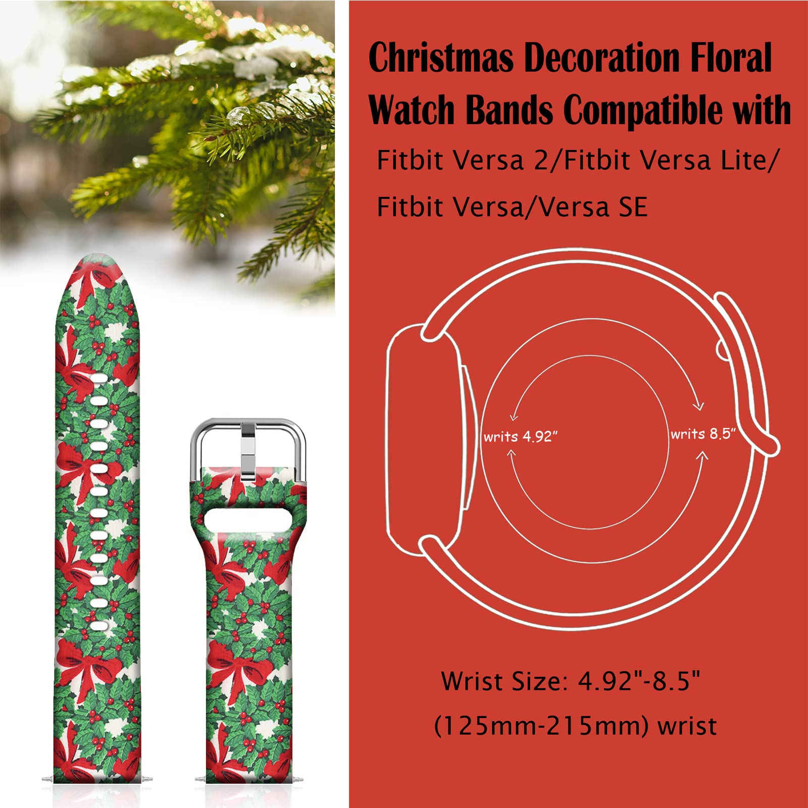 Ftfcase Christmas Silicone Sport Bands Compatible With Fitbit Versa/Versa 2, Decorative Wreath Printed Soft Silicone Strap Repla