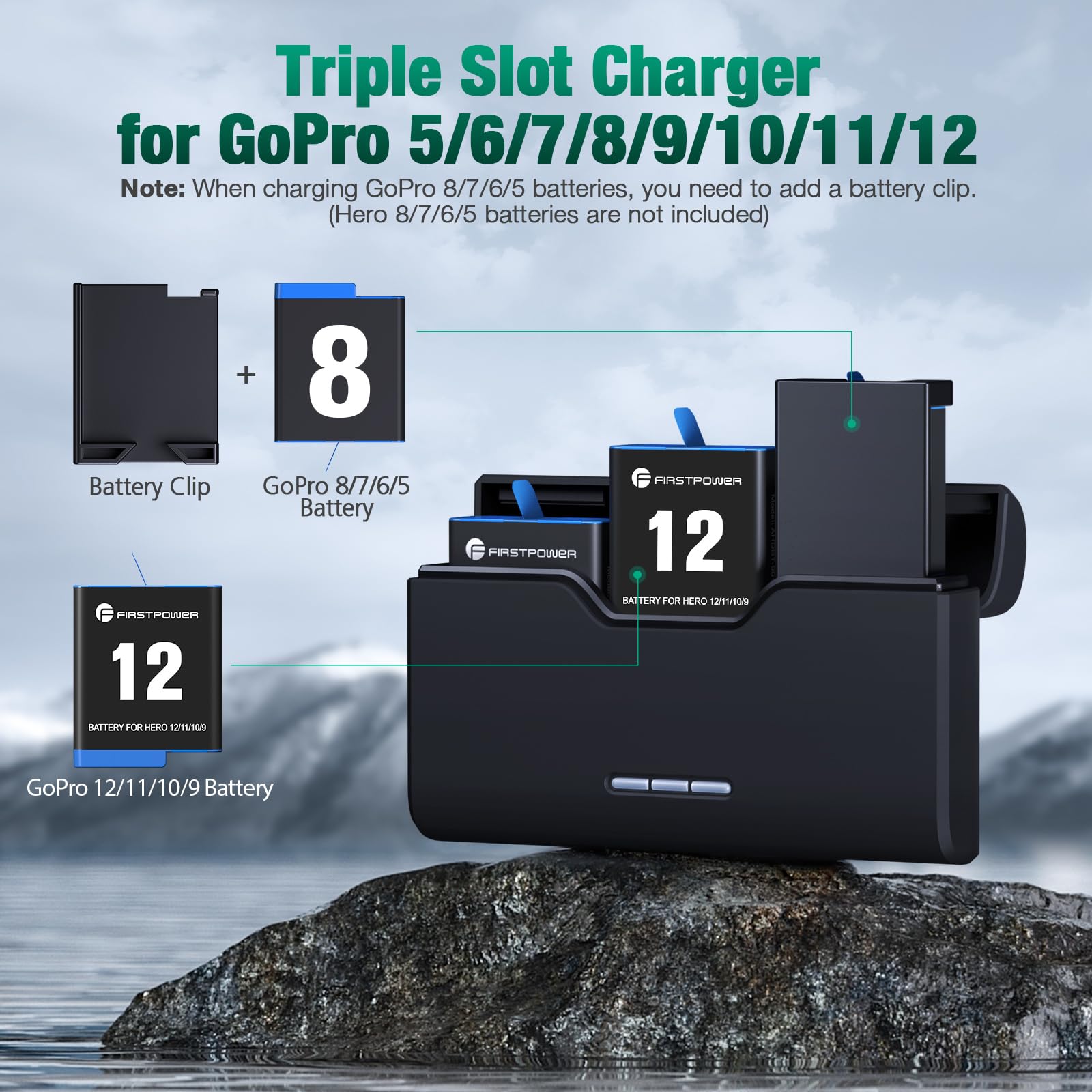 Firstpower Hero 12/11/10/9 Battery 3 Pack 2250Mah And Triple Slot Usb Fast Charger Fully Compatible With Gopro Hero 12, Gopro He