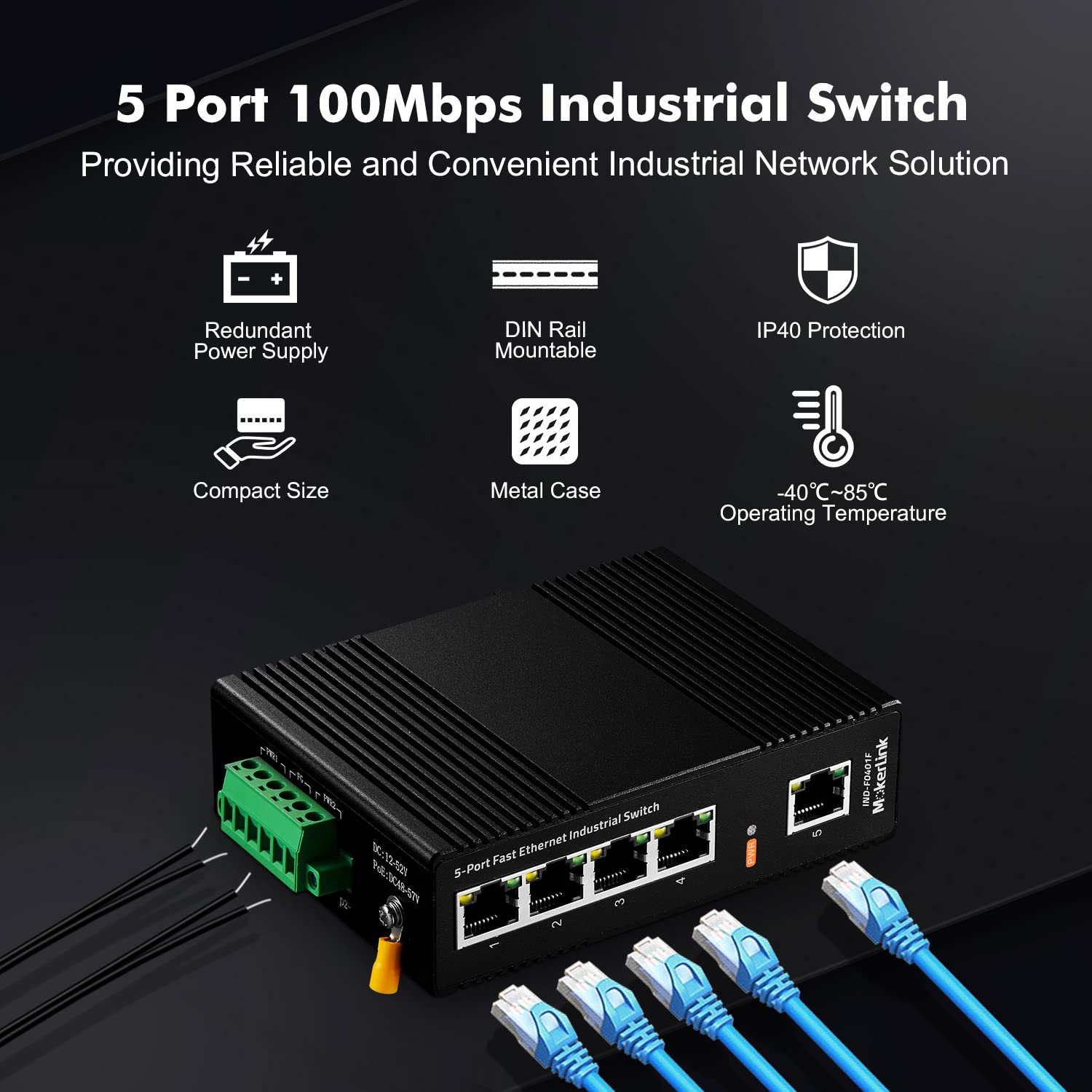 Mokerlink 5 Port Industrial Din Rail Network Switch, 10/100Mbps Fast Ethernet, Ip40 Rated Network Switch ( 40 To 185F), With Ul