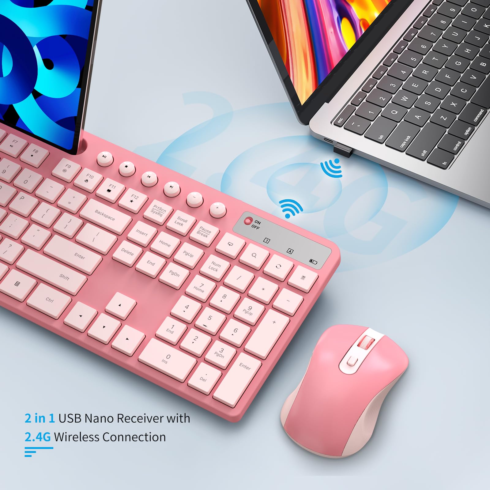 Wireless Keyboard And Mouse Combo, Marvo 2.4G Ergonomic Wireless Computer Keyboard With Phone Tablet Holder, Silent Mouse With 6 Button, Compatible With Macbook, Windows (Sakura Pink)
