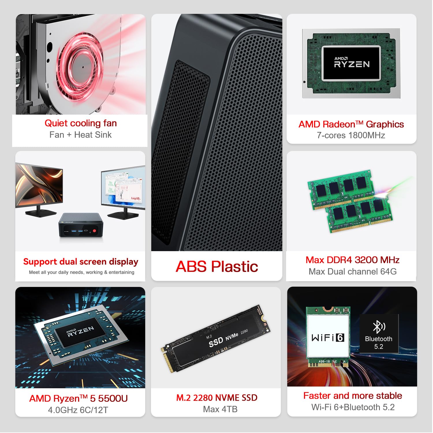 Beelink Mini Pc Amd Ryzen 5 5500U (Up To 4.0Ghz, 6C/12T), Mini Computers 16G Ddr4 Ram 500Gb M.2 2280 Nvme Ssd, 4K Triple Display