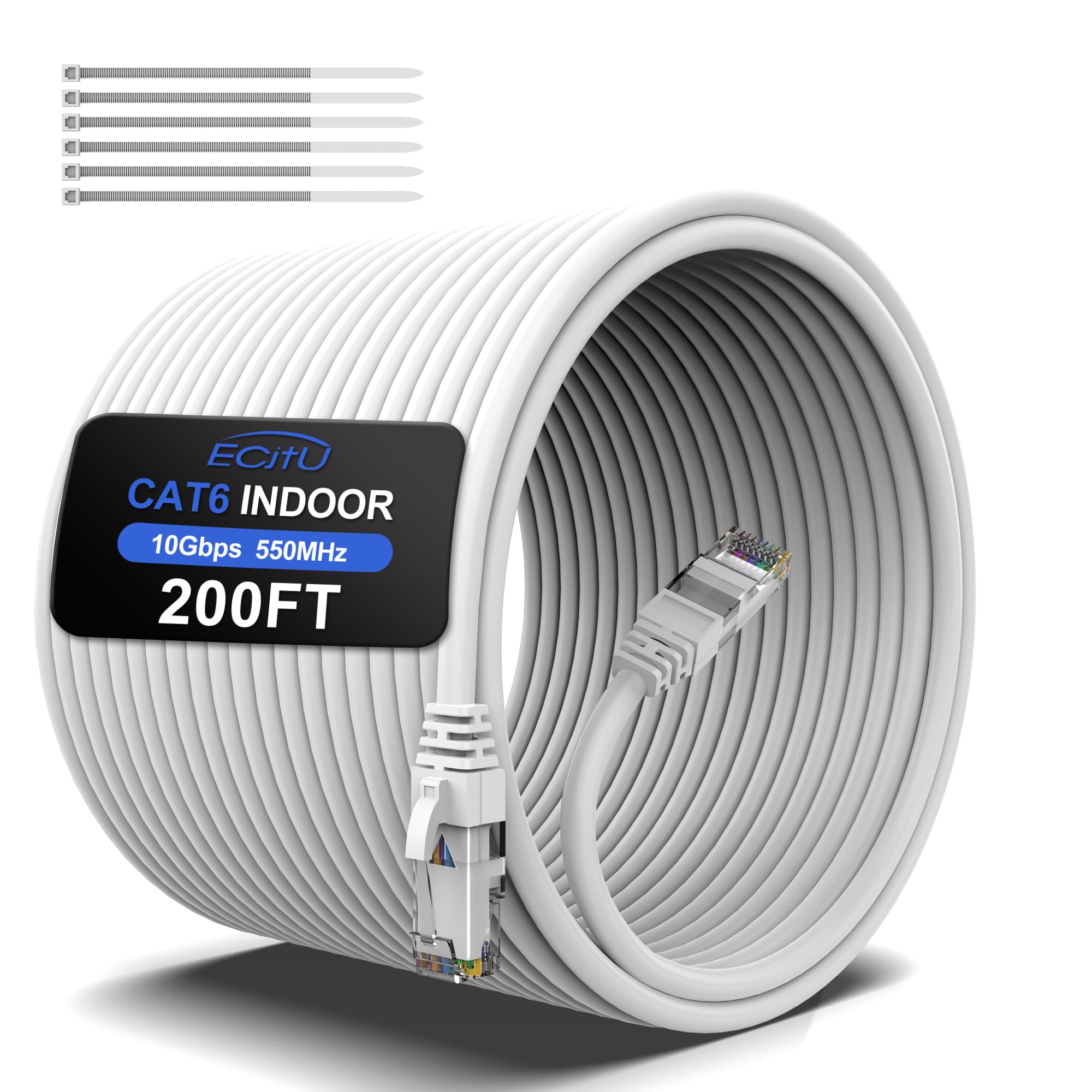 200Ft Cat6 Ethernet Cable, Cat 6 Patch Cable, Cat6 Internet Cable, Utp Network Cable, Indoor And Outdoor, Poe, 24Awg Cca, Compatible For Pc, Laptop, Router, Switch, Server, With 25 Cable Ties   White