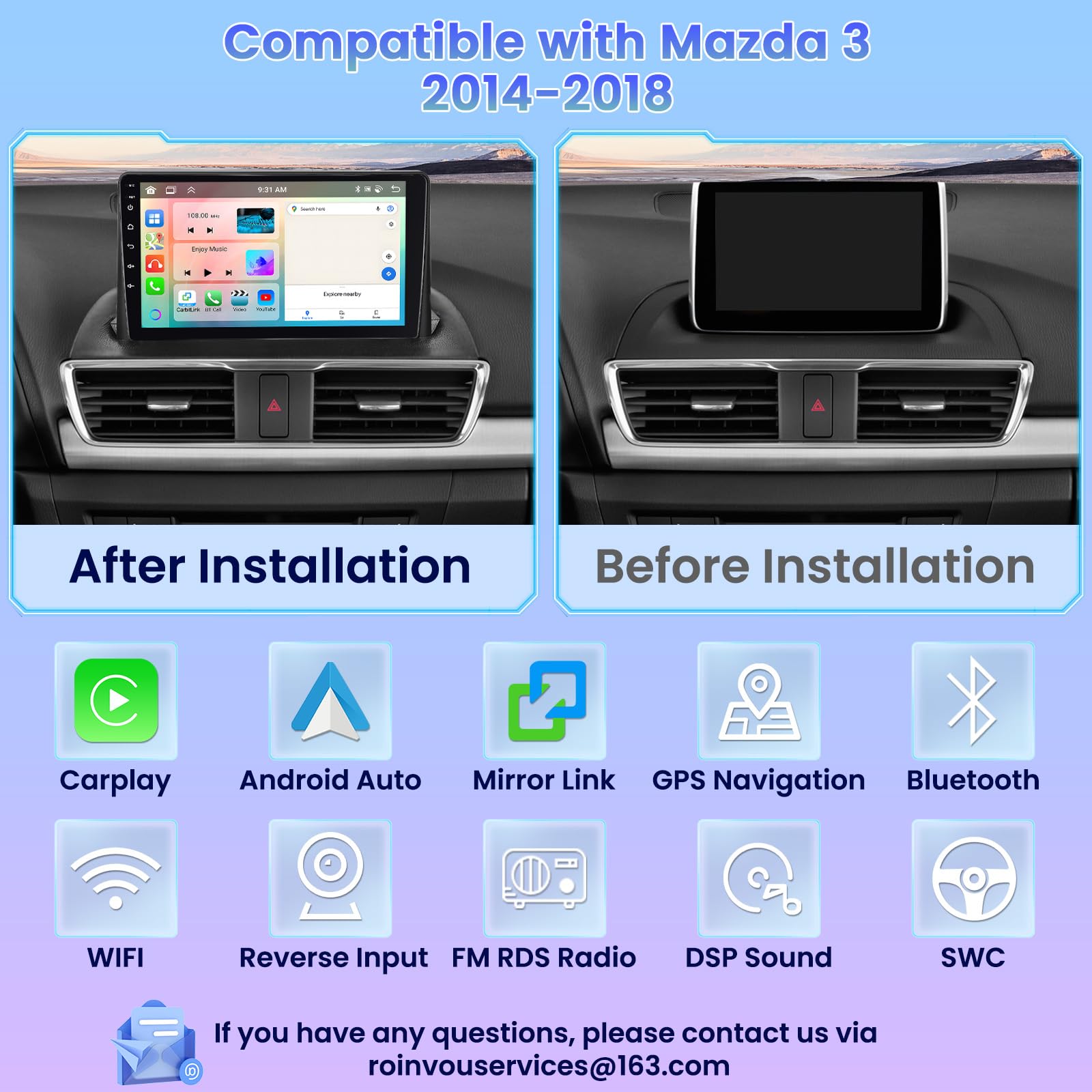 Roinvou 8 Cores 4+64G Android Car Radio For Mazda 3 2014 2018, 9'' Touch Screen Carplay Android Auto With 32Eq Bluetooth Wifi Gp