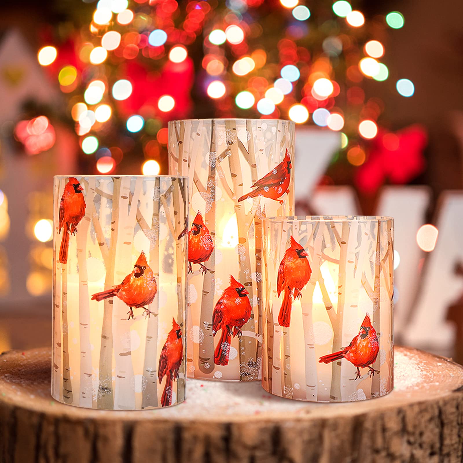 Crystal Club Flameless Candles, Cardinal Theme, (Set Of 3) Battery Operated Led Candles With Remote, Real Wax & Glass Effect Can