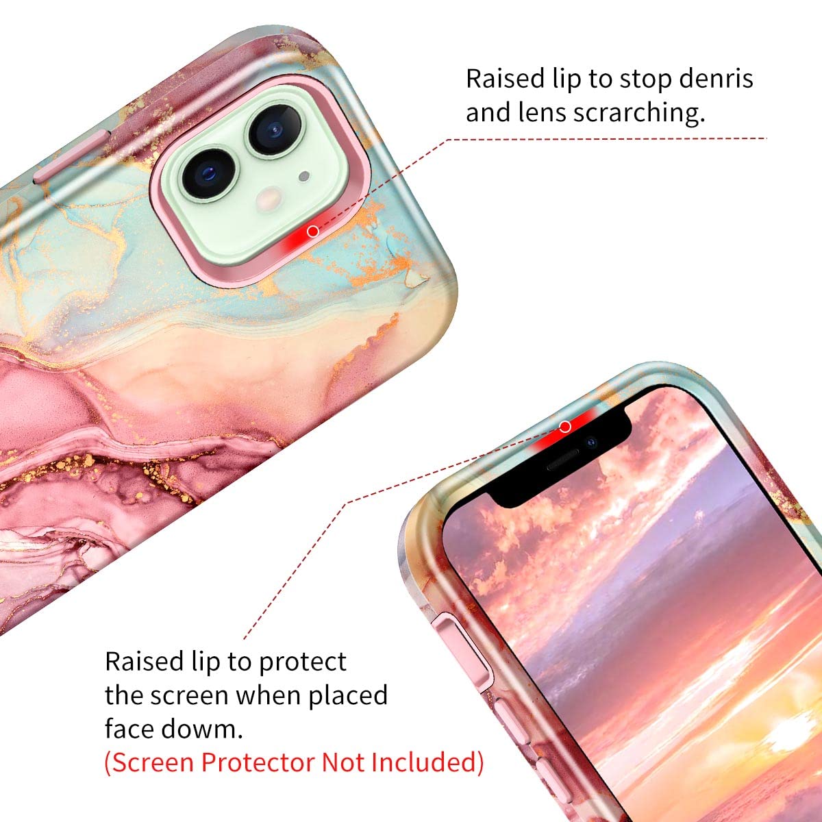 Btscase For Iphone 12 Case/Iphone 12 Pro Case, Heavy Duty Three Layer Marble Shockproof Full Body Rugged Hard Pc+Soft Tpu Bumper