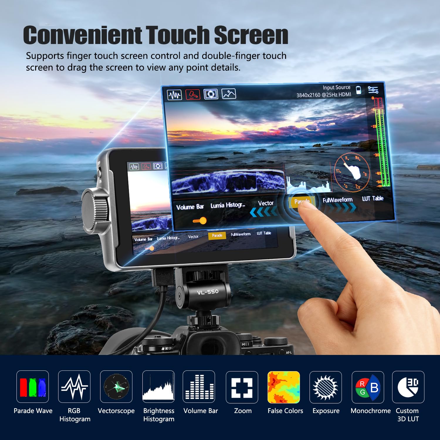 Viltrox Dc 550 Touch Screen Camera Dslr Field Monitor 4K Hdmi 5.5 Inch Camera Monitor With Battery/Sunshade Hood, 1200 Nits, 3D