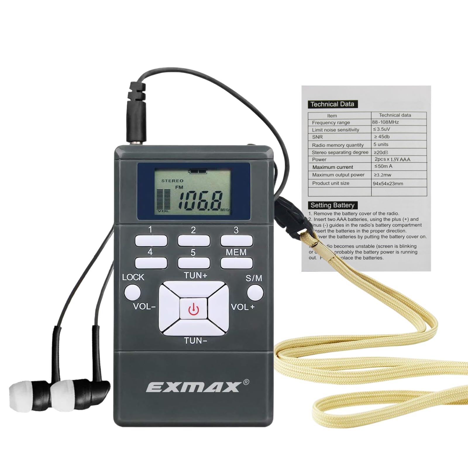 EXMAX E108 Wireless Stereo FM Radio Receiver - Portable Pocket Mini With Earbuds, LCD Clock for Translator Tour Guide System, Jo