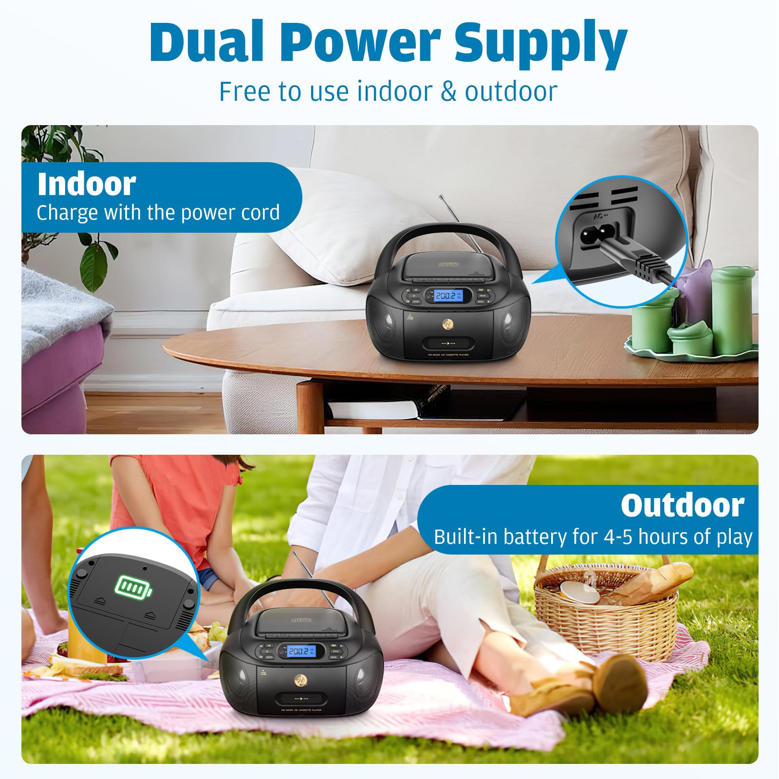 Cd Cassette Player Combo, Hernpark Rechargeable Boombox With Bluetooth 5.1, Tape Recording, Fm Radio, Super Bass, Stereo Sound,