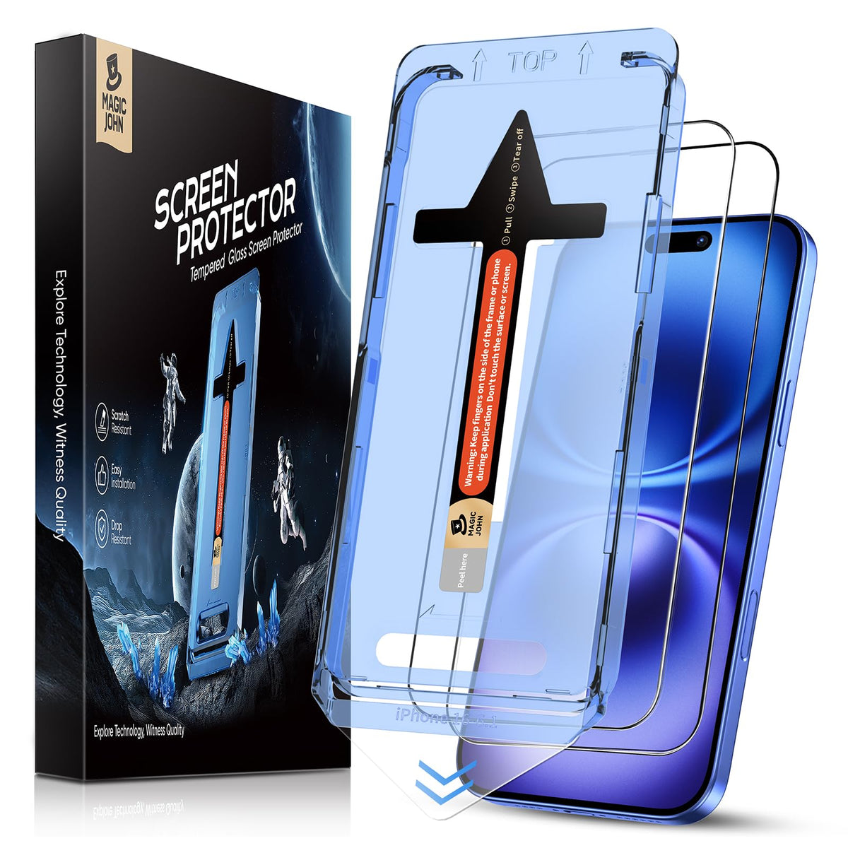 Magic John 2 Pack For Iphone 16 6.1 Inch Tempered Glass Screen Protector (Not Pro), Auto Dust Elimination, Bubble Free, Easy Ins