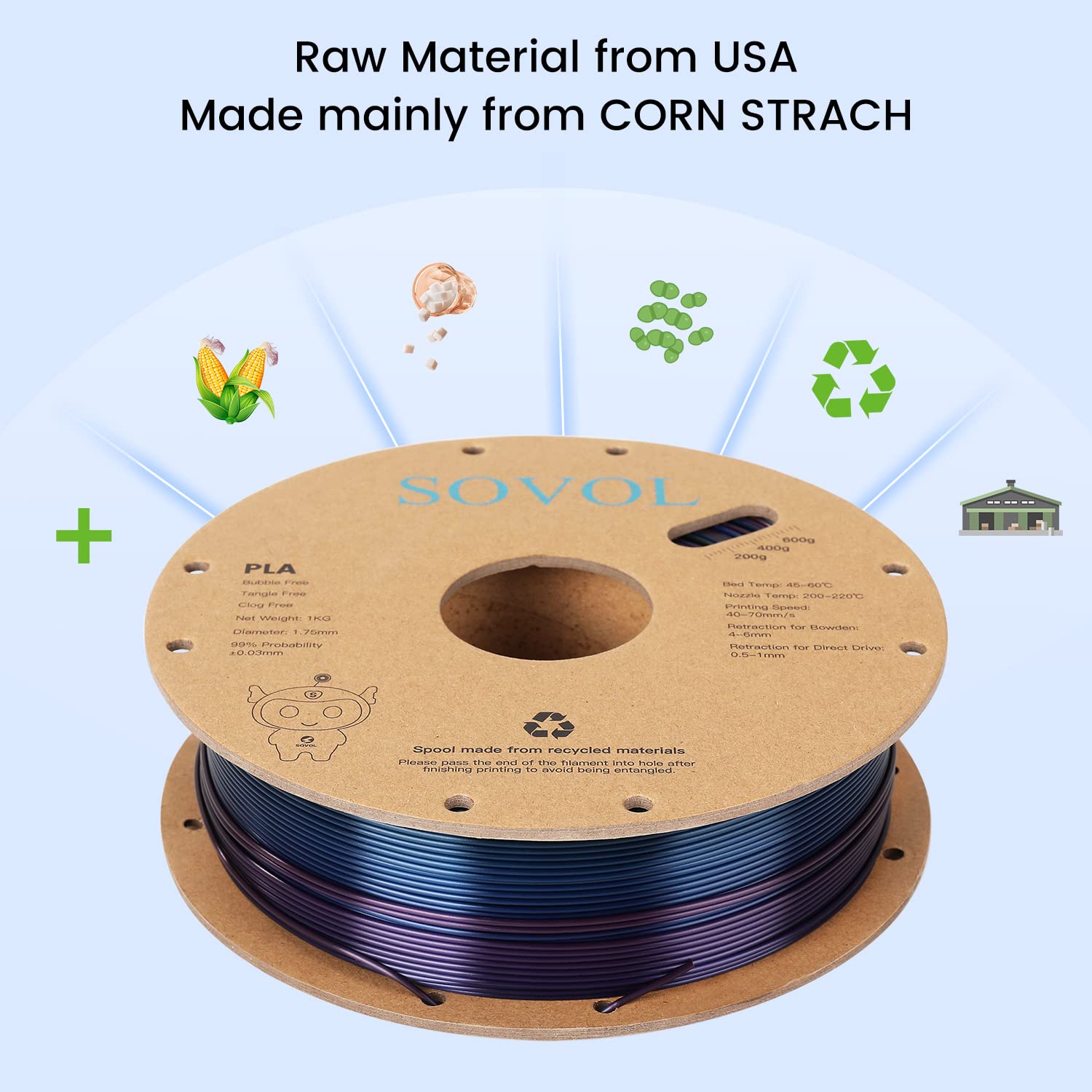 Sovol 3D Printer Silk Shiny Multicolored Fast Change Rainbow Pla 1Kg (2.2 Lbs) Spool 3D Printing Materials, Dimensional Accuracy