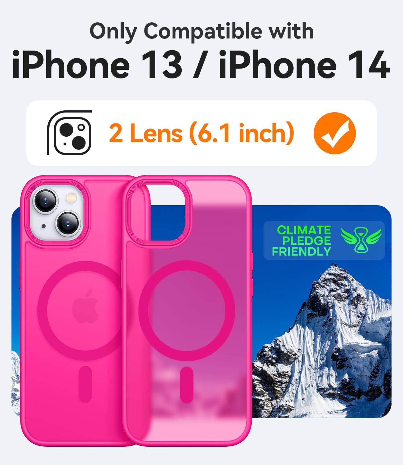 Canshn For Iphone 14 Case/Iphone 13 Case, Compatible With Magsafe, Translucent Matte Back Slim Shockproof Phone Cover, Hot Pink