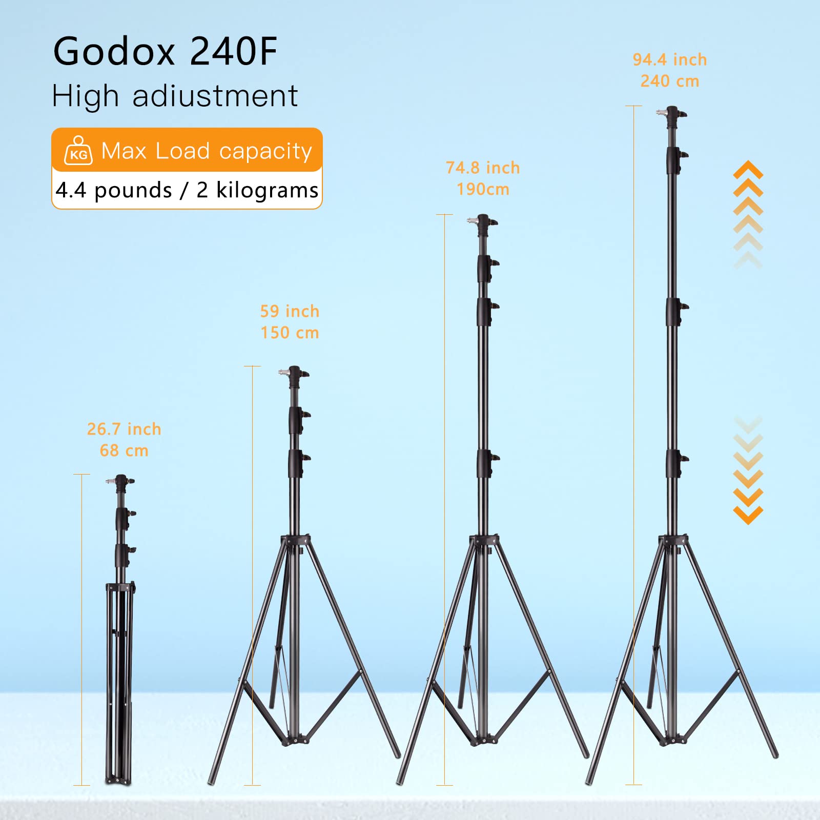 Godox Aluminum Photography Light Tripod Stand For Studio Photographic Lighting, Softboxes, Umbrellas, Backgrounds   240Cm, 94 In