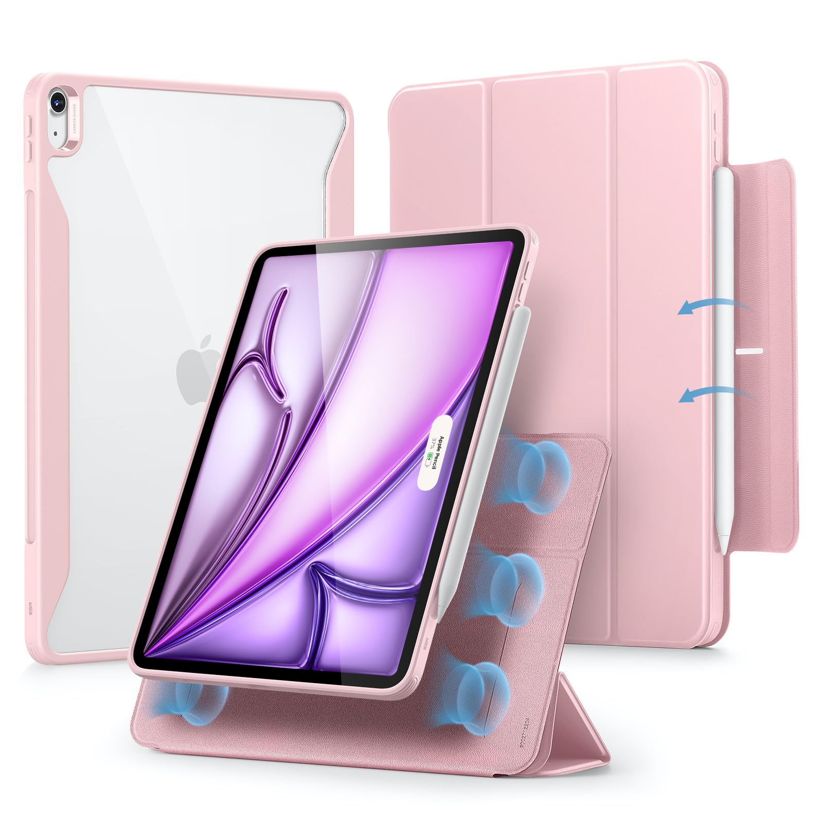 Esr For Ipad Air 13 Inch Case M2(2024), Ipad Air 13 Case With Pencil Holder, Removable Magnetic Cover, Vertical Stand, Fully Supports Pencil Pro And Pencil(Usb C), Rebound 360 Series, Pink