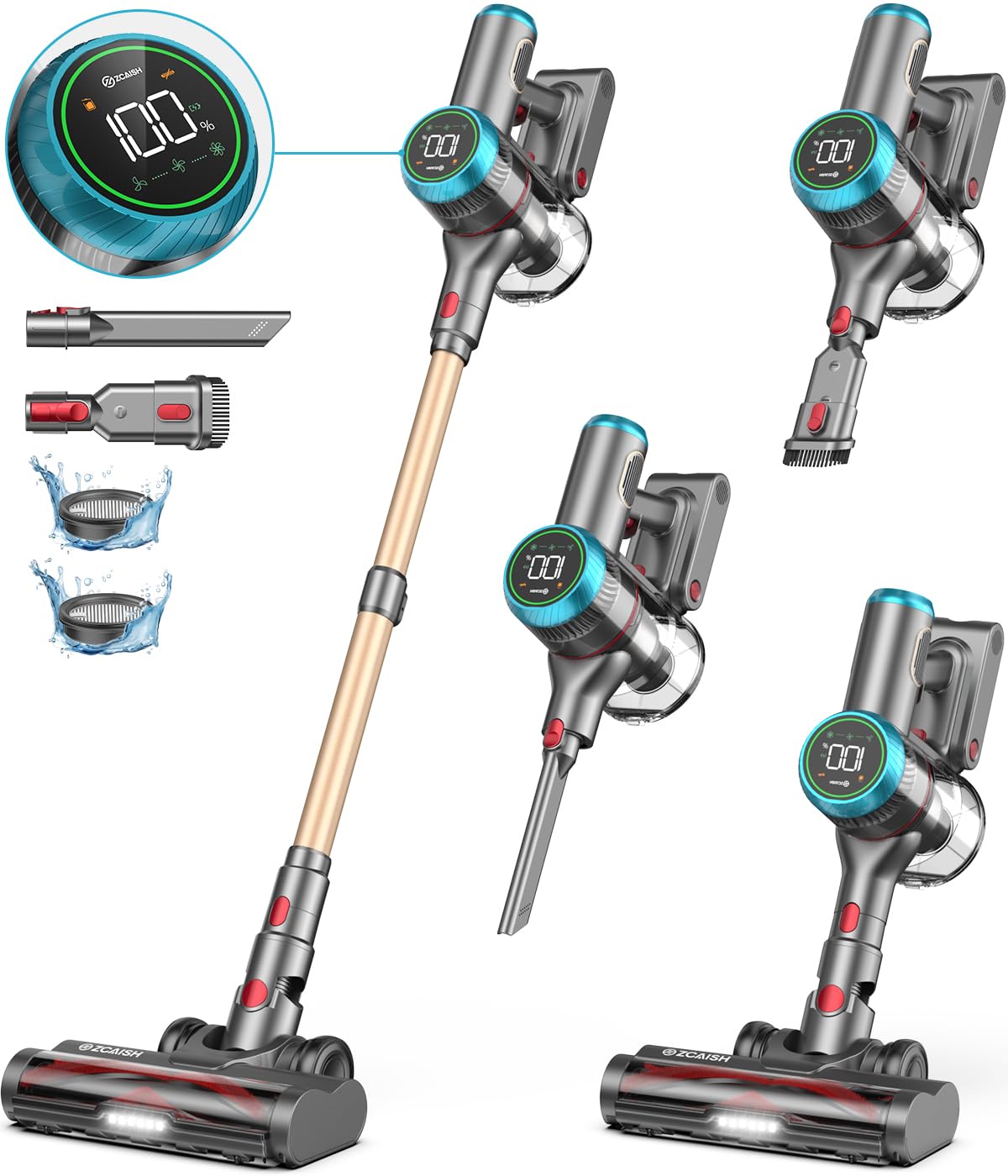 Cordless Vacuum Cleaner, 550W 45KPA 60 Mins Runtime Vacuum Cleaners for Home with Smart Display, Stick Vacuum with Charging Dock