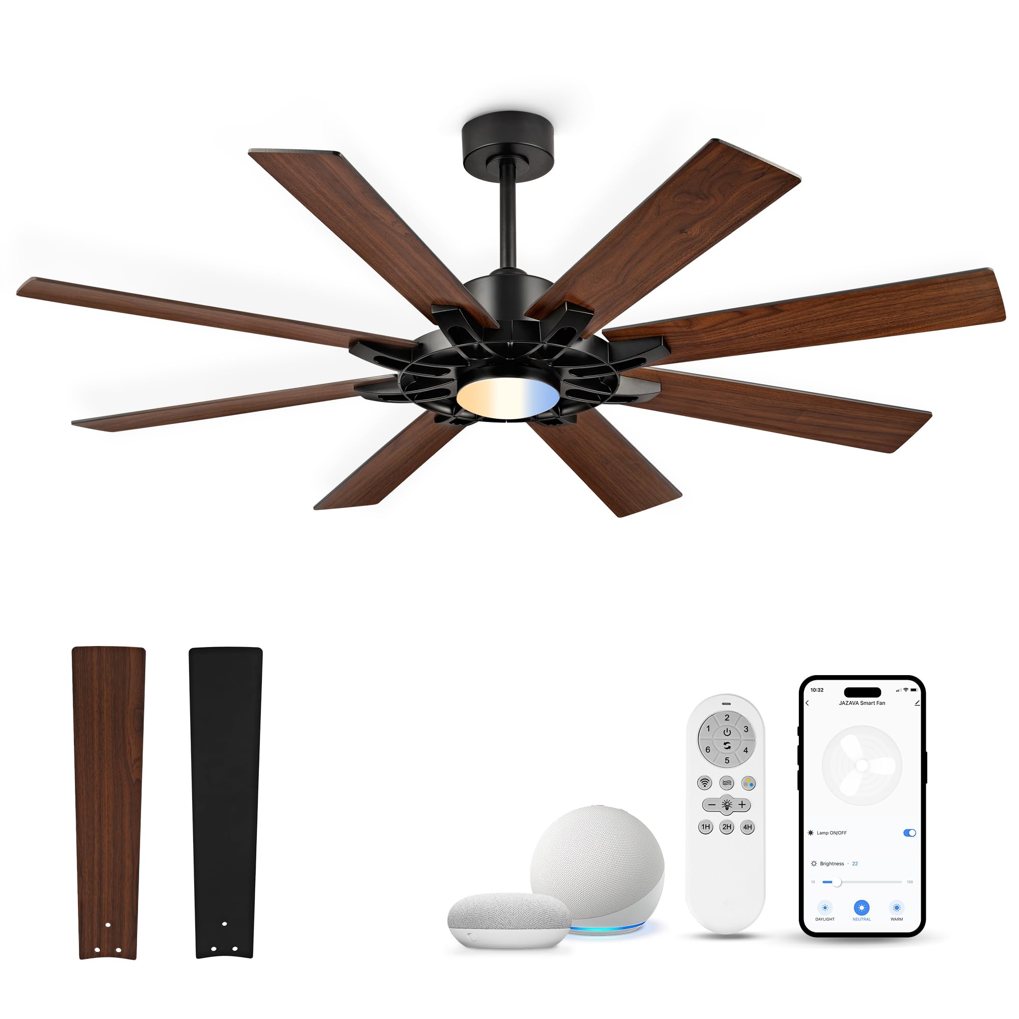 JAZAVA 60 Inch Ceiling Fan with Light, Smart Indoor Outdoor Ceiling Fan with Alexa App Control, Large Black Modern Ceiling Fan, 