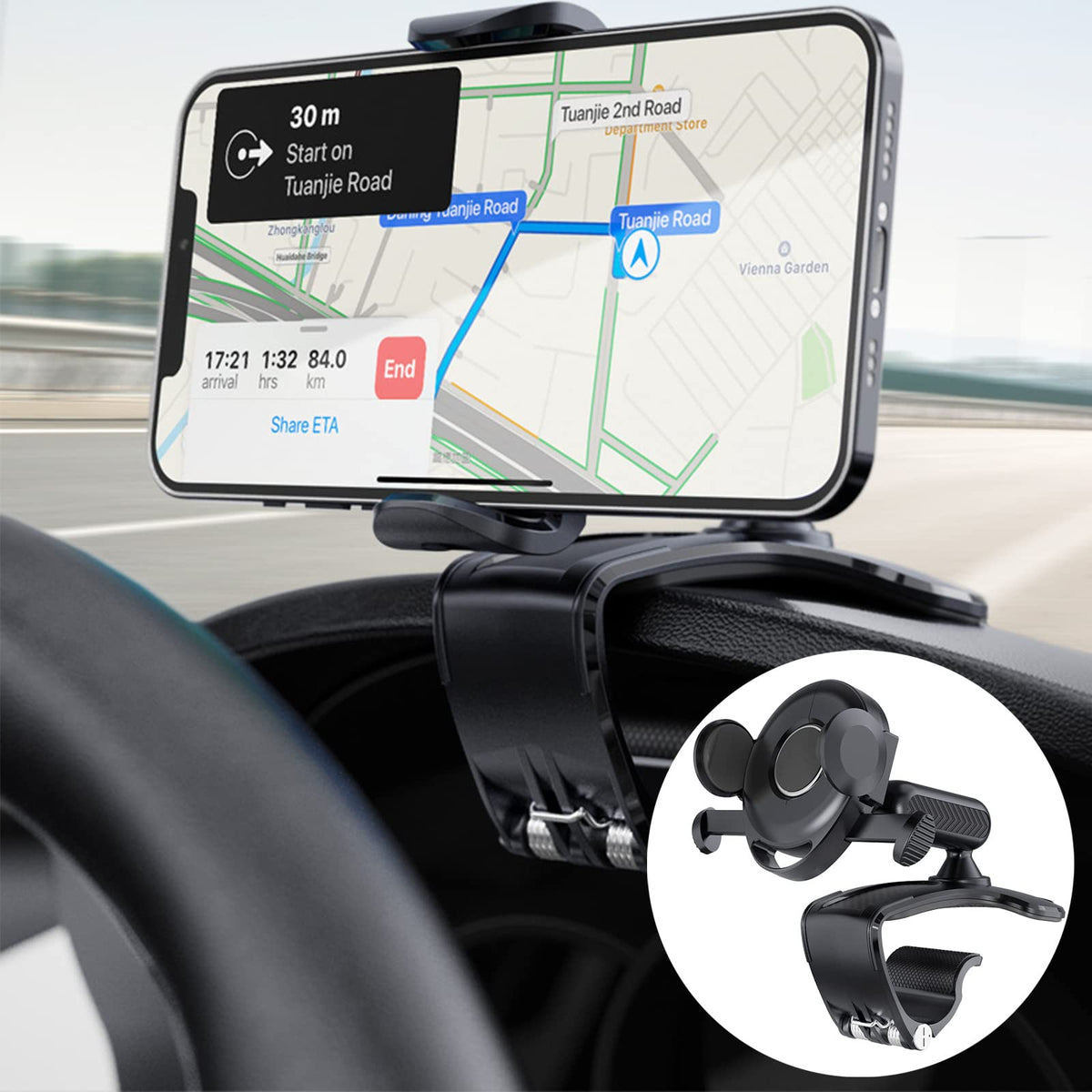 Chdfkkd Car Phone Holder Mount, 360 Degree Rotation Cell Phone Holder For Car, Dashboard Clip Mount Car Phone Stand Compatible For 4.7 To 6.7 Inch Smartphone (Black)