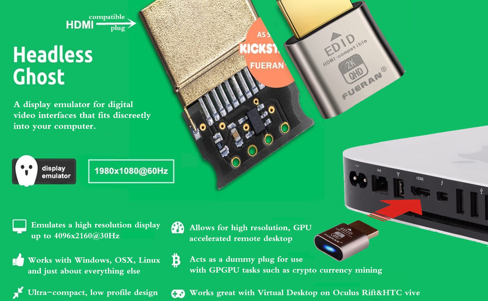 Fueran Hdmi Dummy Plug Headless Ghost Display Emulator Hdmi Compatible(Fit Headless 1920X1080 New Generation@60Hz) (Hdmi2.0 2K 1