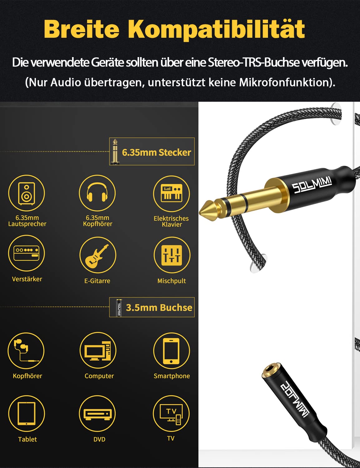 Solmimi Headphone Adapter 1/4 To 3.5 Mm(11.5Ft, 3.5 M), 1/4 To 1/8 Headphone Adapter For Keyboard Piano, Quarter Inch To Headpho