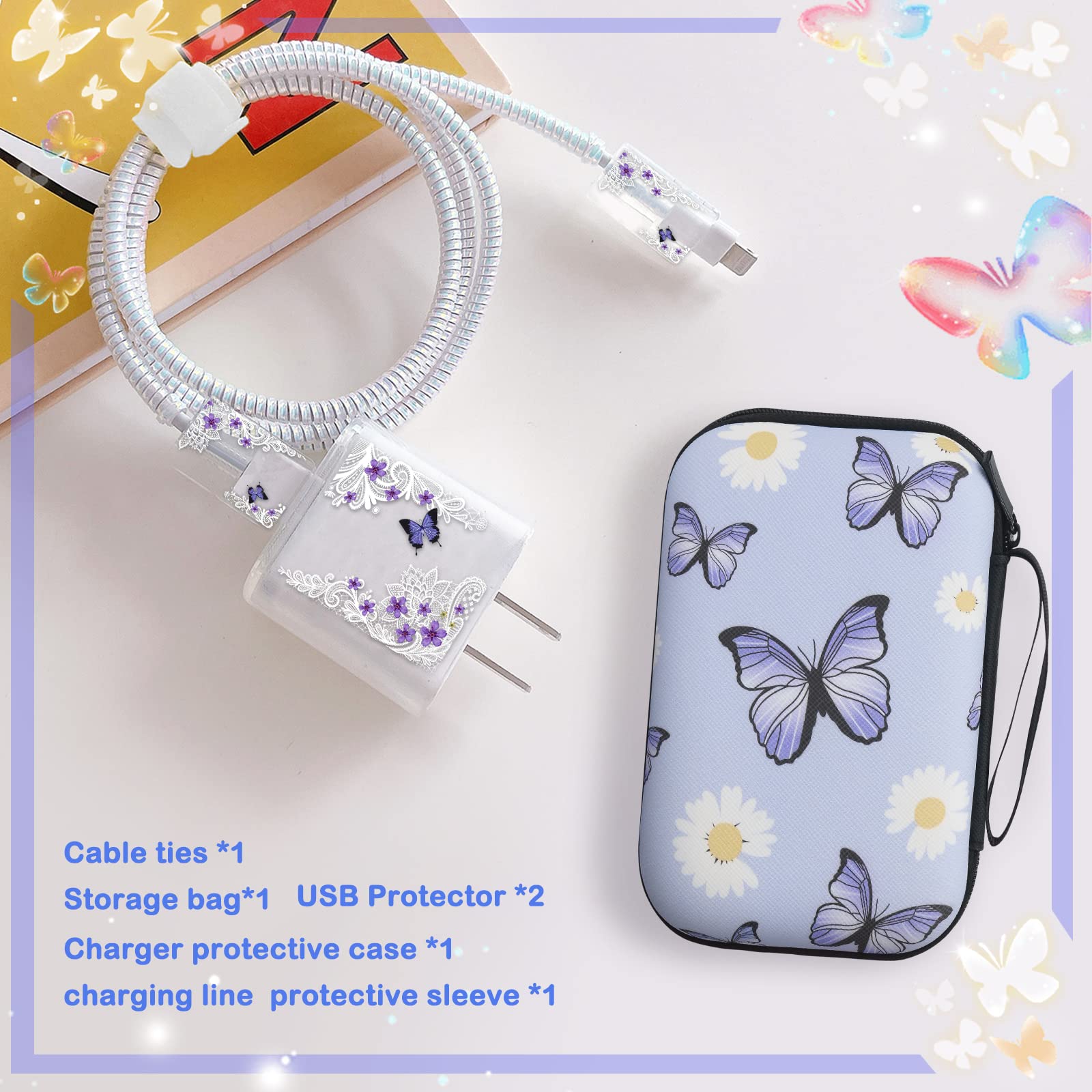 Cute Phone Charger Storage Case Set With Carrying Bag Purple Flowers Floral Butterfly Pattern Cable Protector Accessories Travel